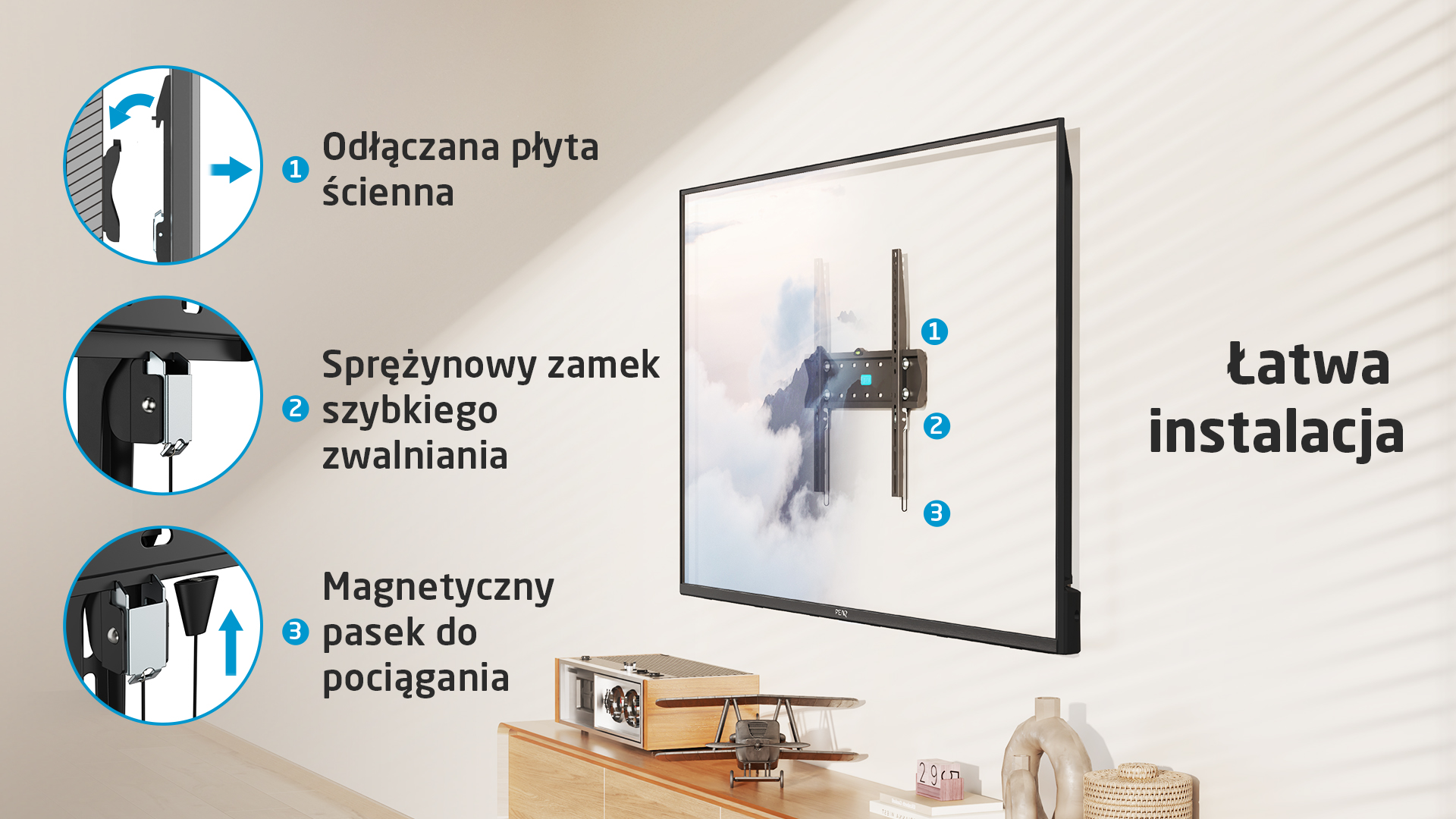 Instrukcja uchwytu TV: odłączana płyta, zatrzask sprężynowy, magnetyczny pasek.
