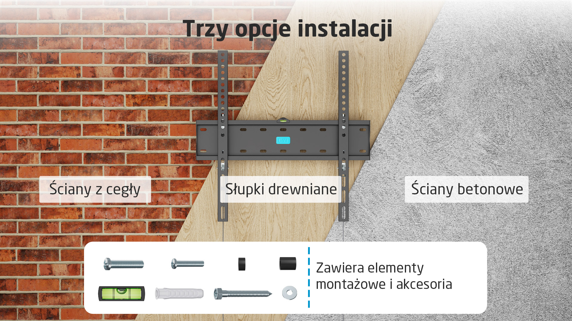 Uchwyt do telewizora pokazany na ścianach z cegły, drewna i betonu.