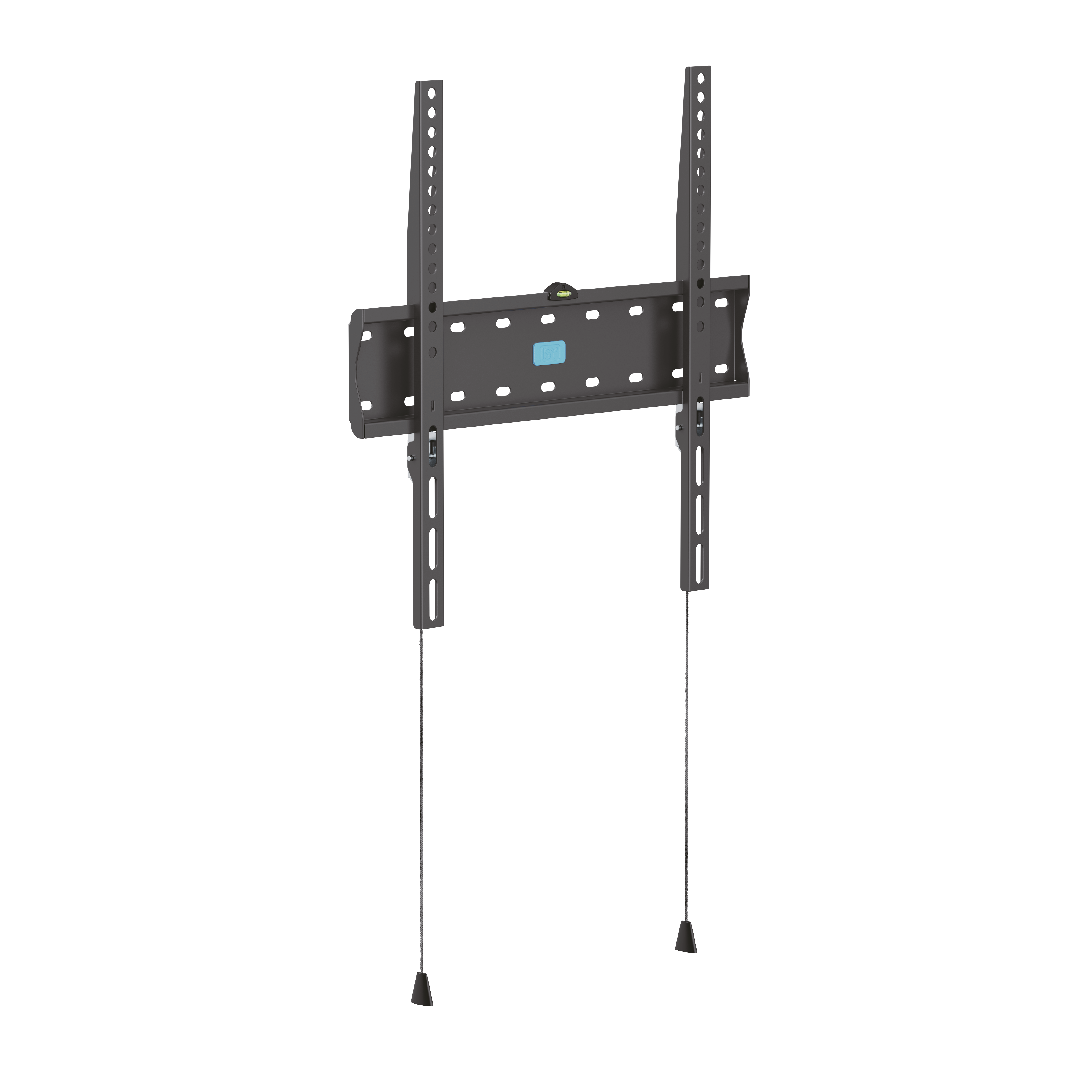 Szary uchwyt ścienny do telewizora z poziomicą i linkami.