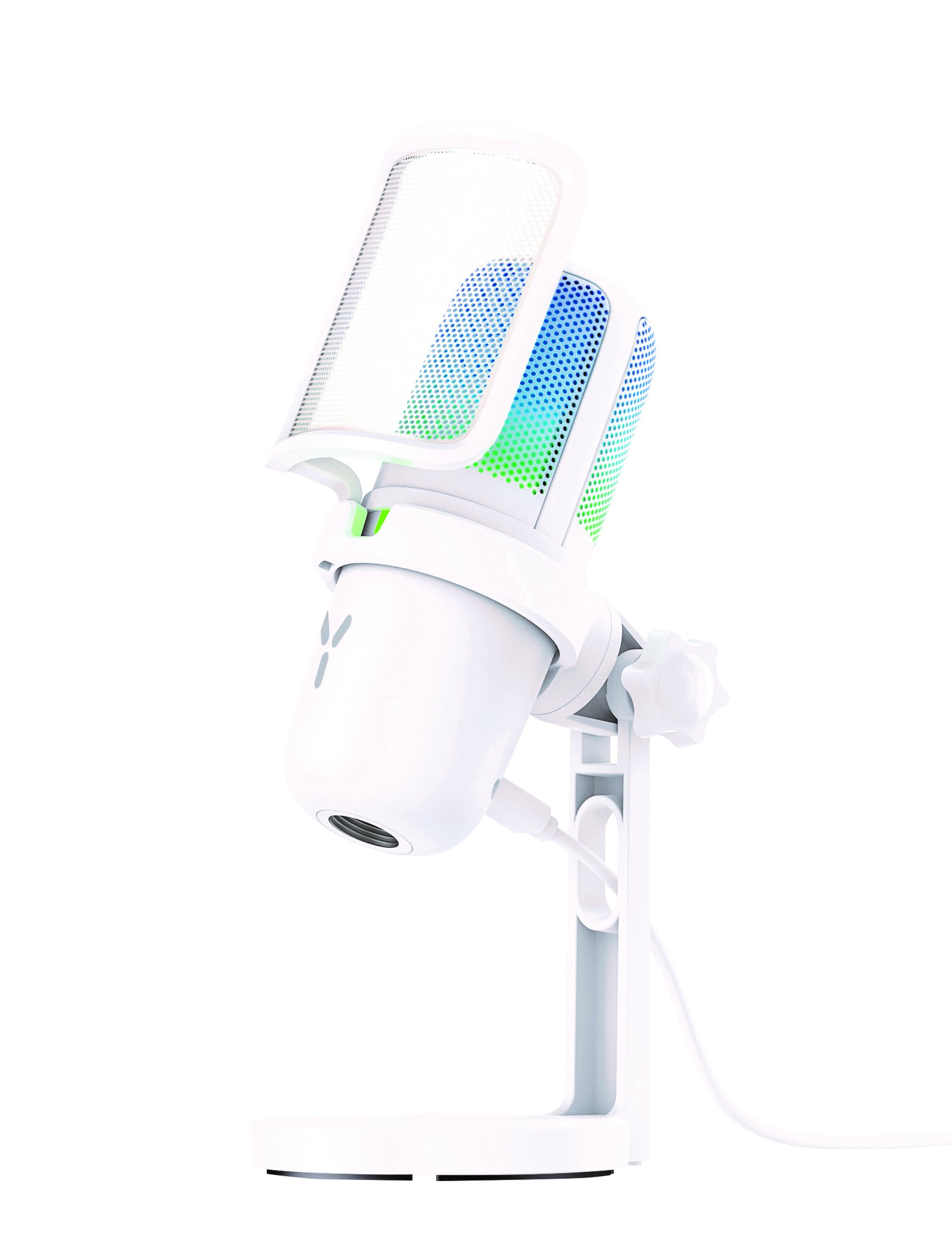 Biały mikrofon z podświetleniem RGB na stojaku.