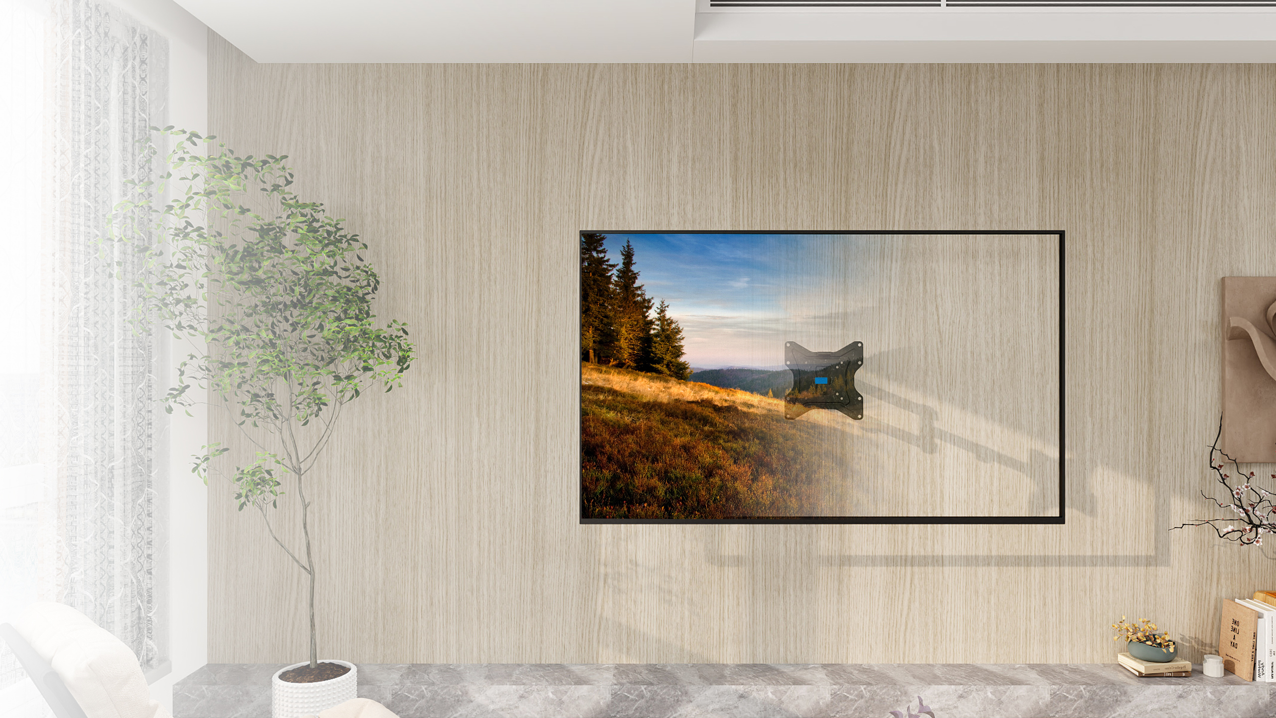 Telewizor z płaskim ekranem wyświetlający krajobraz wisi na drewnianej ścianie obok rośliny.