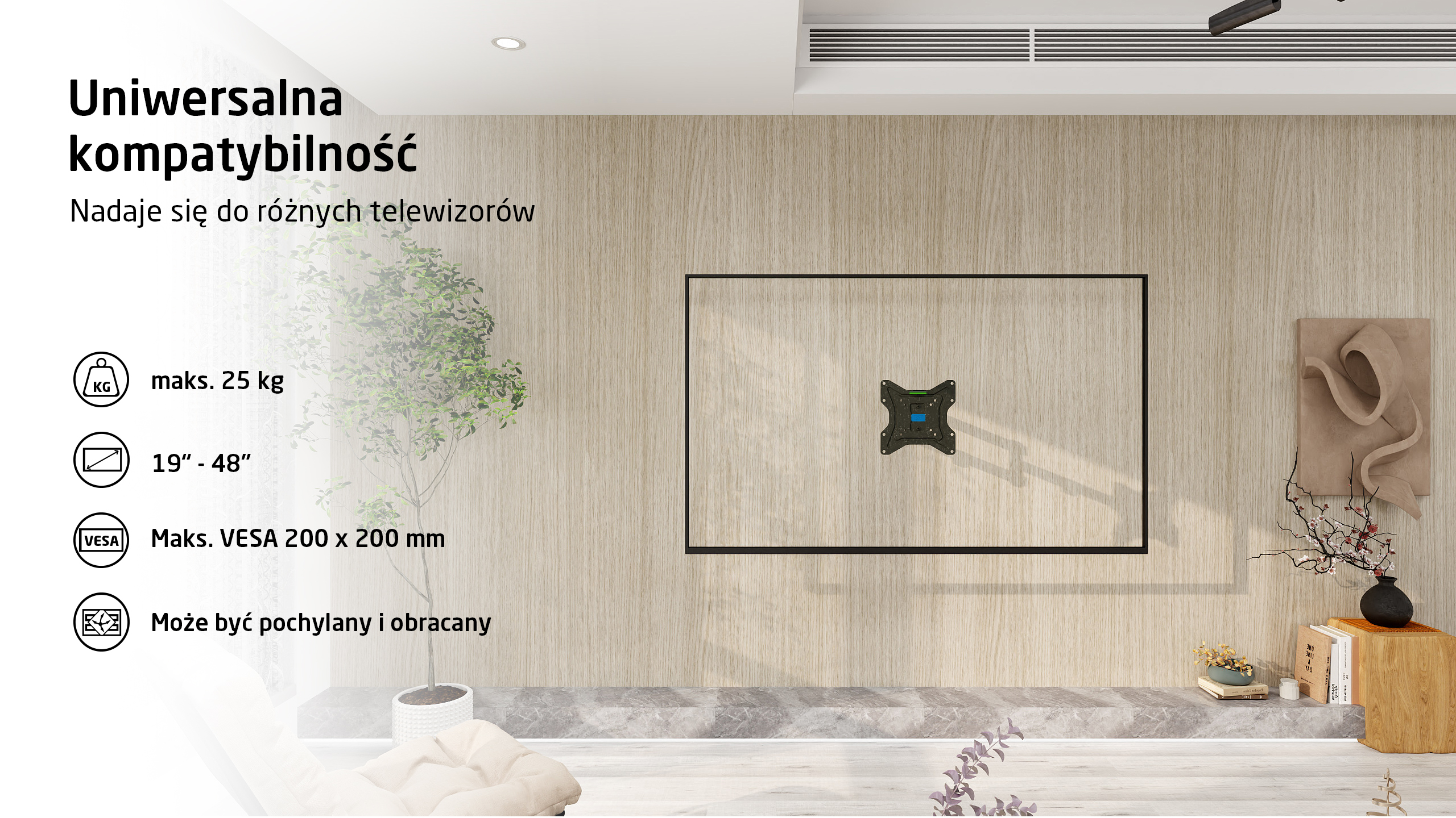 Uchwyt ścienny do TV do 25kg, 19-48 cali, VESA 200x200mm.