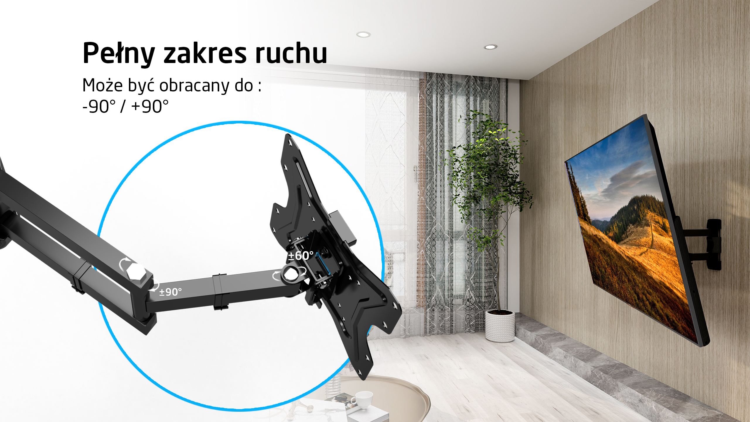 Obrotowy uchwyt TV z pełnym zakresem ruchu w nowoczesnym salonie.