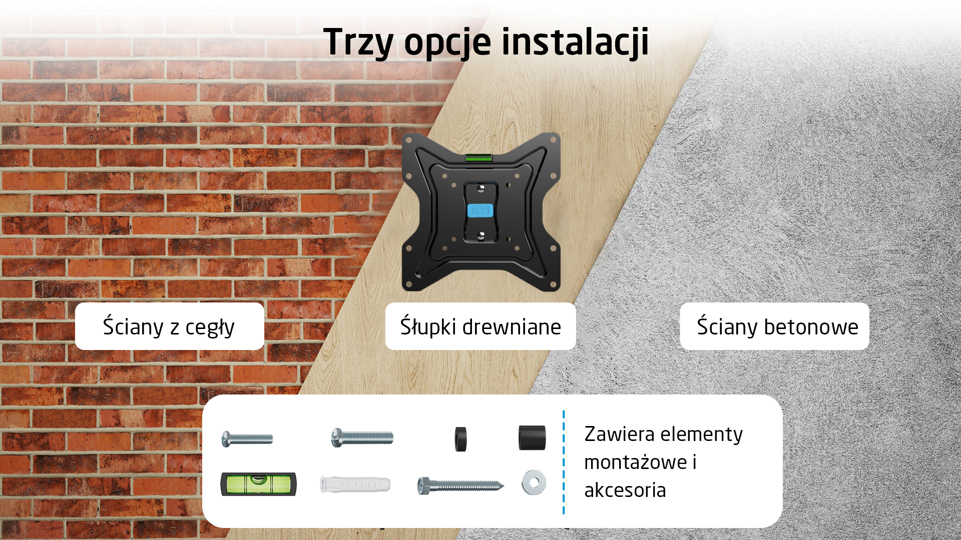 Uchwyt ścienny do cegły, drewna i betonu z akcesoriami.