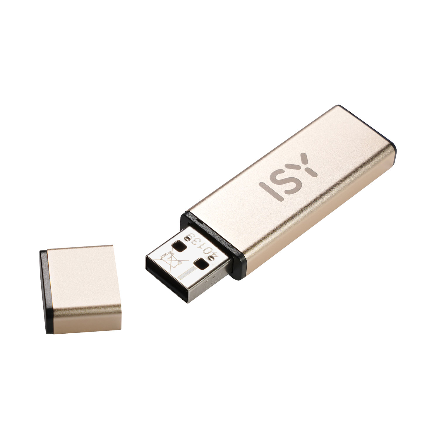 Złoty pendrive z zdjętym wieczkiem, na białym tle.