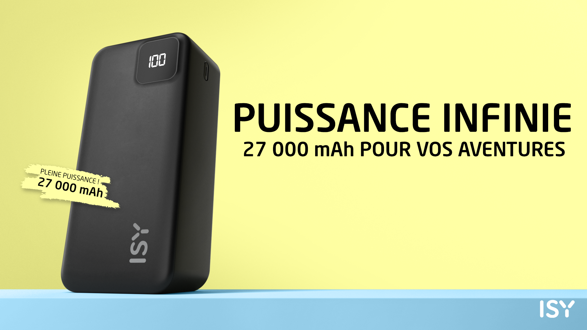 Czarny power bank z 100% naładowania i pojemnością 27000 mAh.