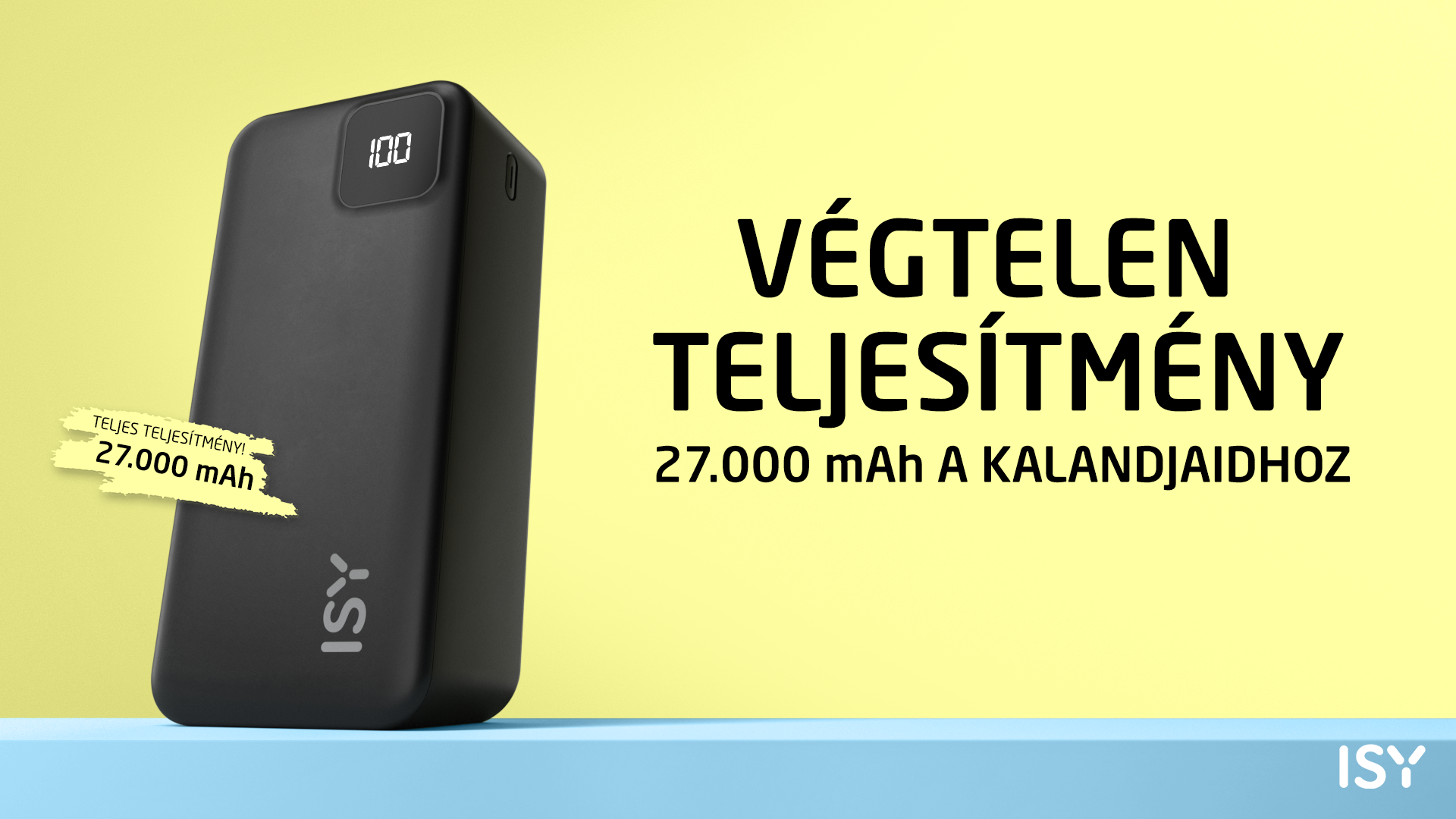 Czarny power bank 27.000 mAh z wyświetlaczem '100'.