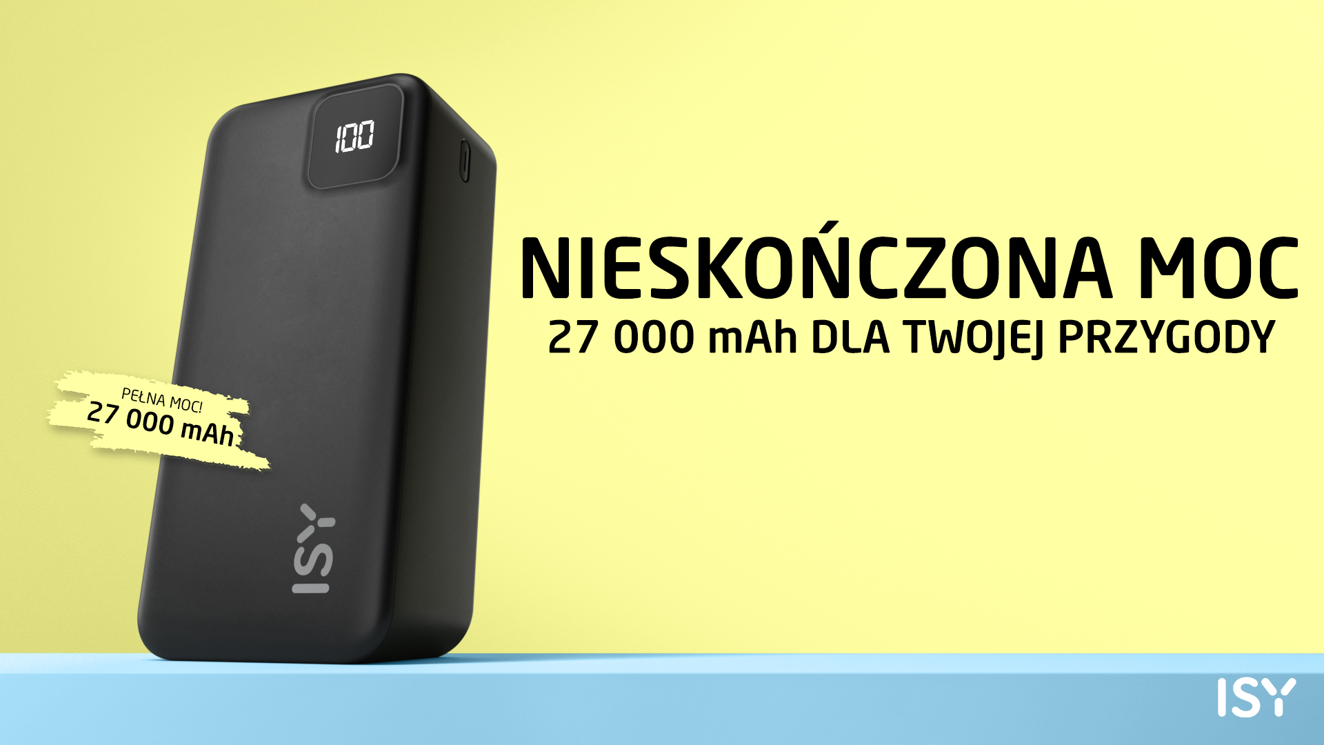 Czarny power bank 27000 mAh z cyfrowym wyświetlaczem. Tekst po polsku.