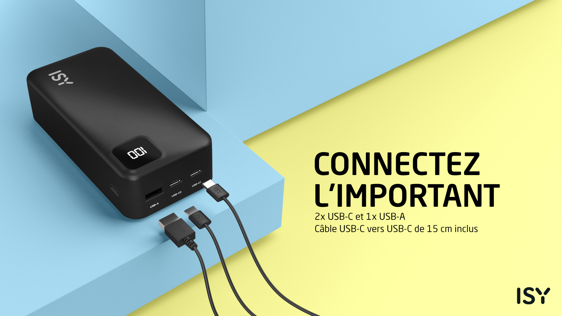 Czarna powerbanka ISY z 2 portami USB-C i 1 USB-A.