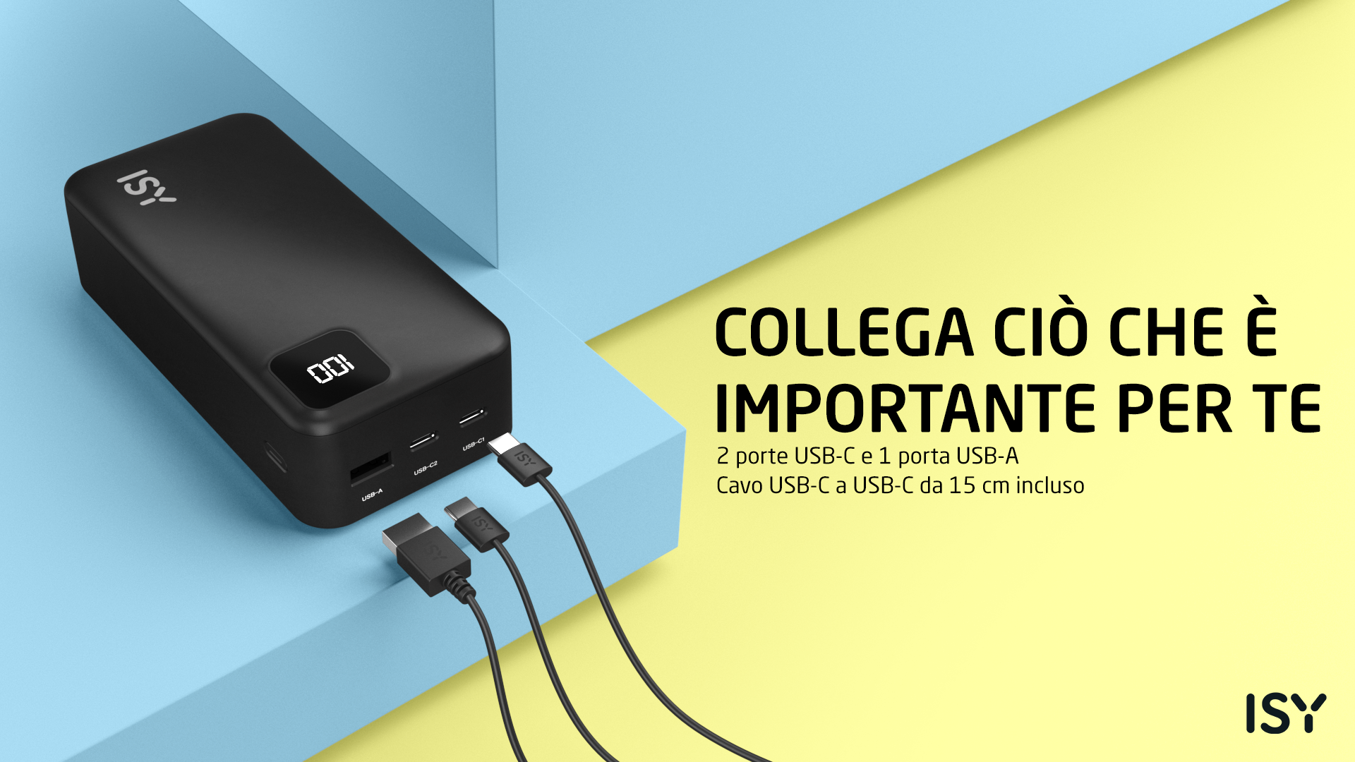 Czarny power bank ISY z 2 portami USB-C i 1 USB-A, bateria 100%.