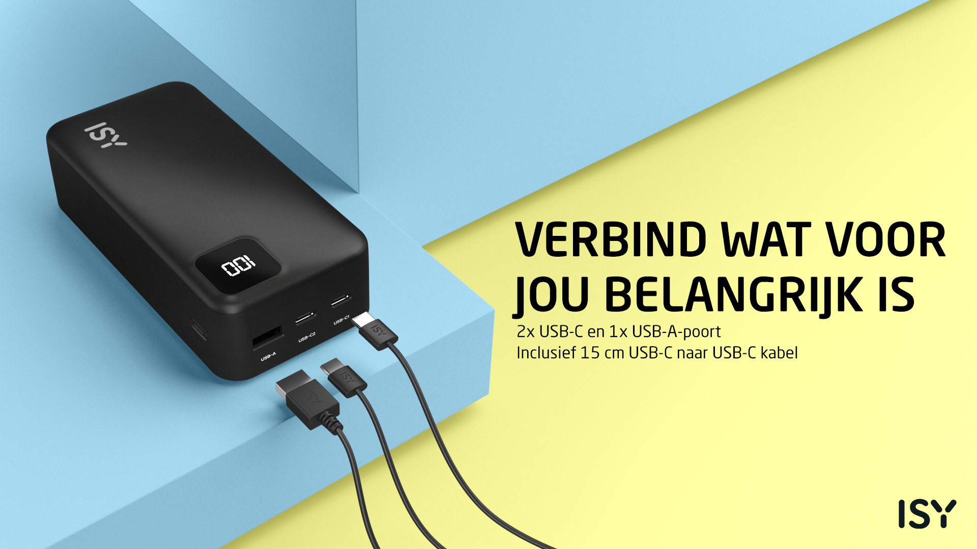 Czarna powerbanka ISY z 2 portami USB-C i 1 portem USB-A, z kablami.