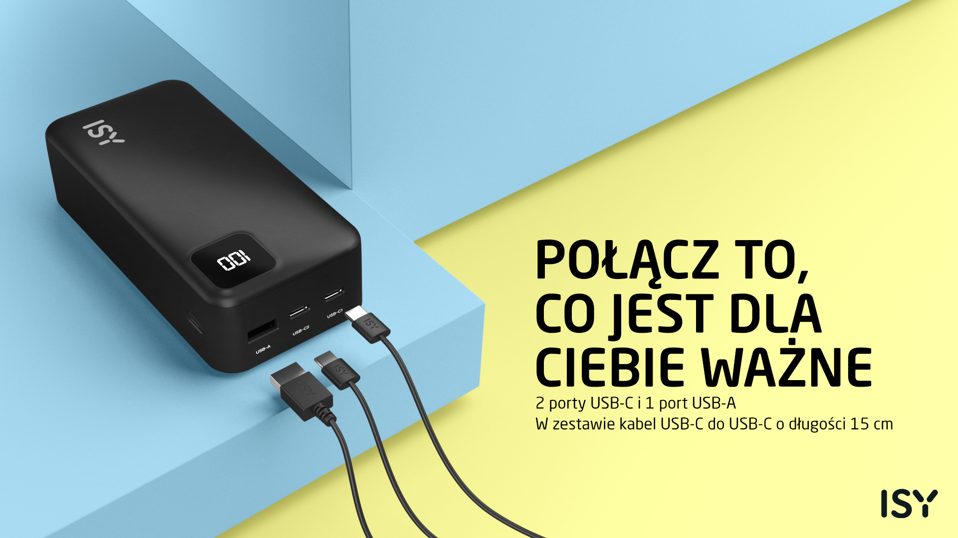 Czarna ładowarka ISY z 2 portami USB-C, 1 portem USB-A, wskaźnikiem.