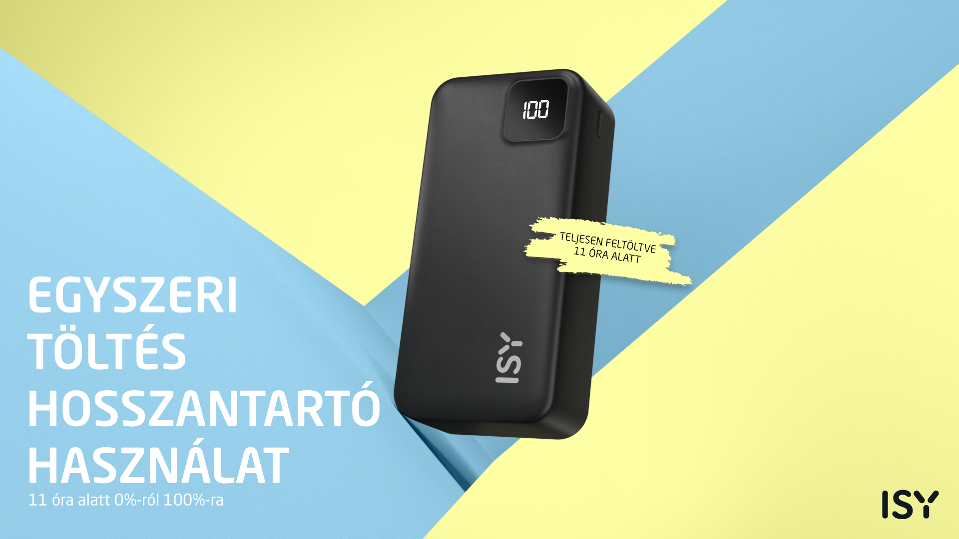 Czarny power bank ISY z wyświetlaczem 100%, ładuje się 11h.