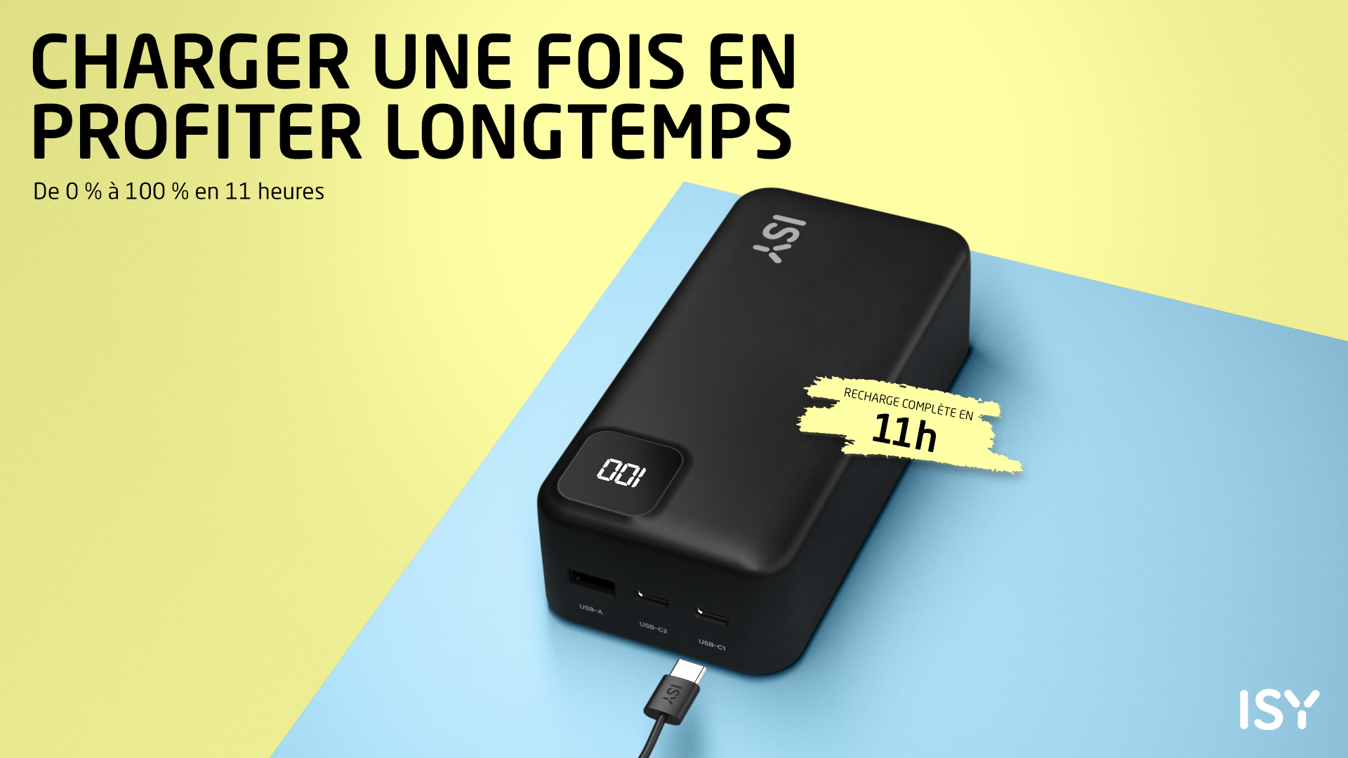 Czarny power bank ISY z cyfrowym wyświetlaczem, 11h ładowania.