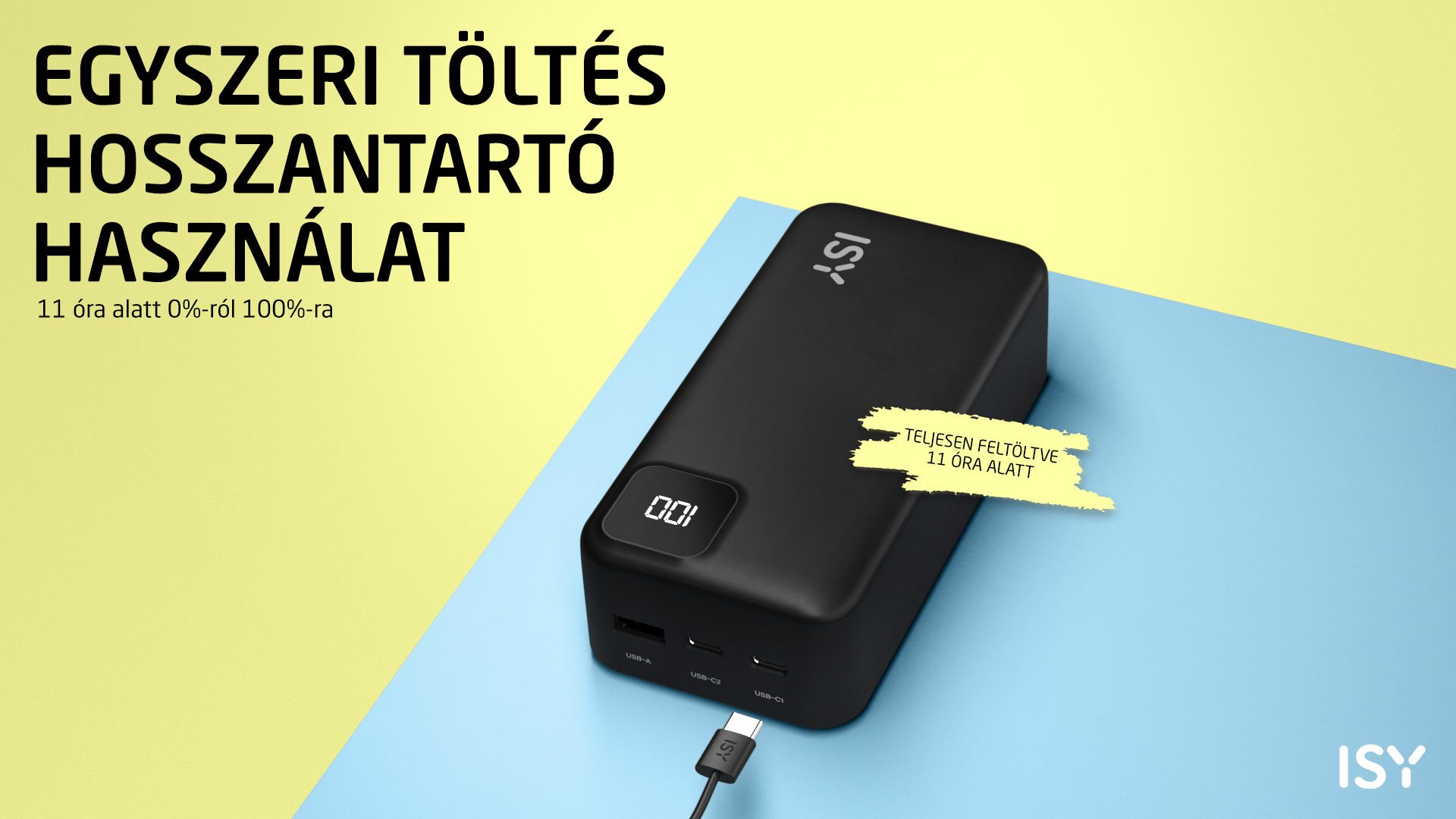 Czarna power bank ISY z wyświetlaczem ładowania i portami USB na żółto-niebieskim tle.