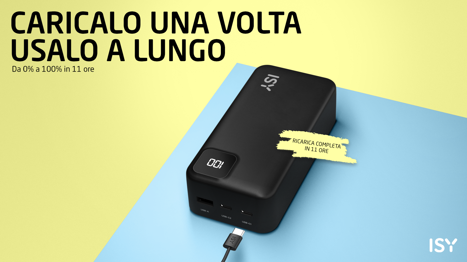 Czarny power bank ISY z cyfrowym wyświetlaczem, na żółto-niebieskim tle.