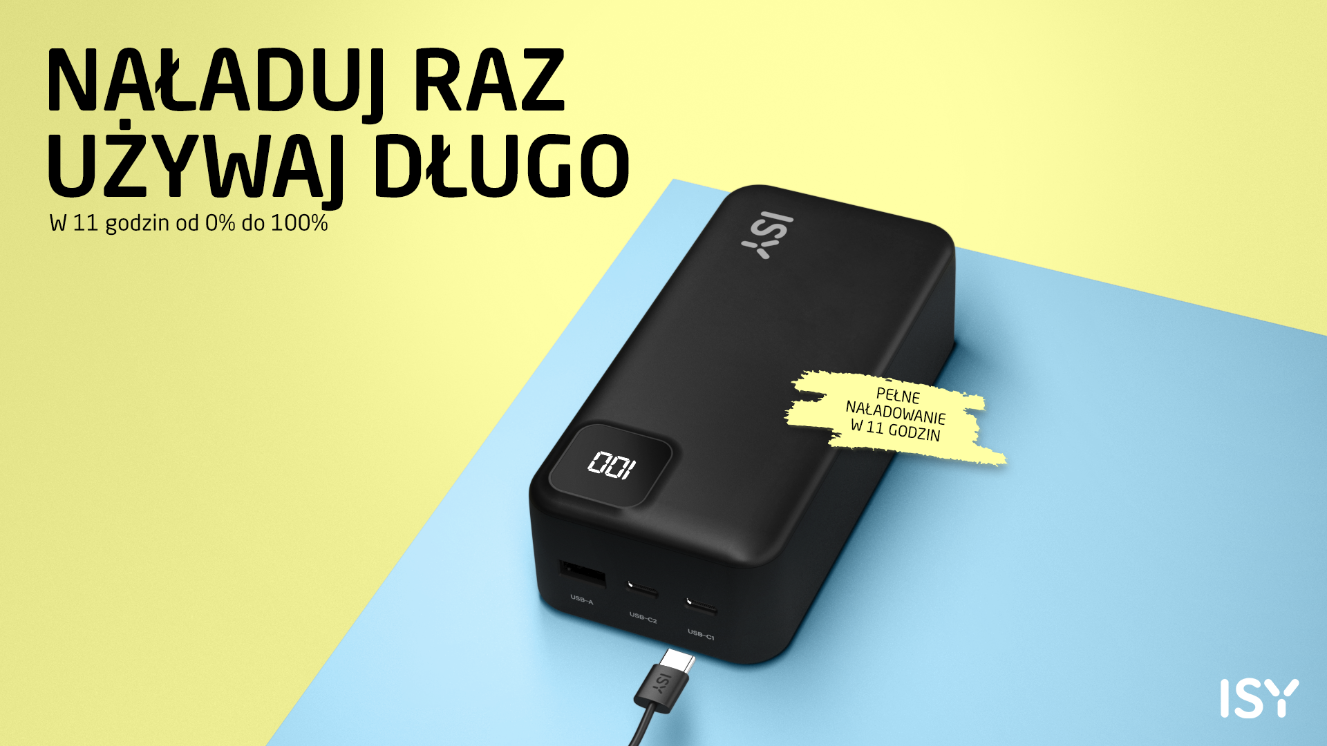 Czarny power bank ISY z cyfrowym wyświetlaczem, ładuje się 11h.