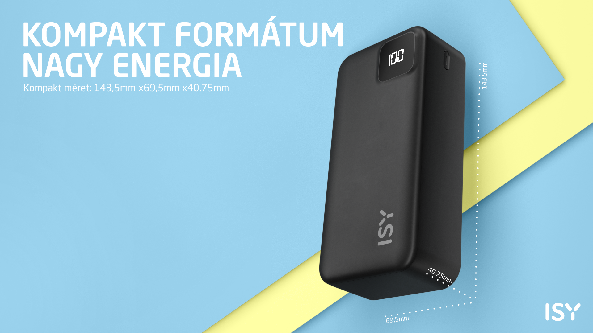 Czarny power bank ISY z cyfrowym wyświetlaczem (100) na niebieskim tle.