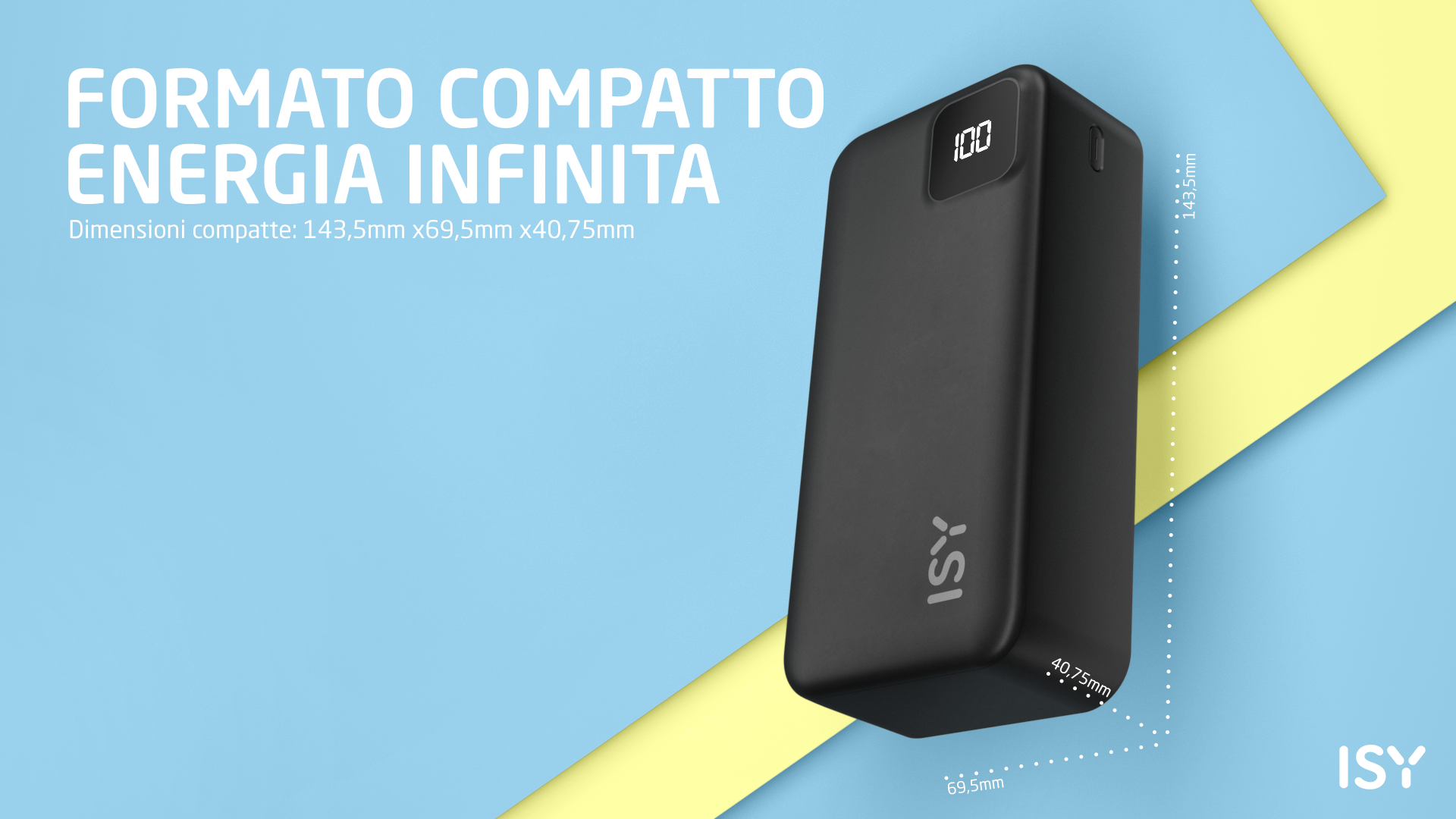 Czarna powerbank ISY z wyświetlaczem 100%, wymiary 143.5x69.5x40.75mm.