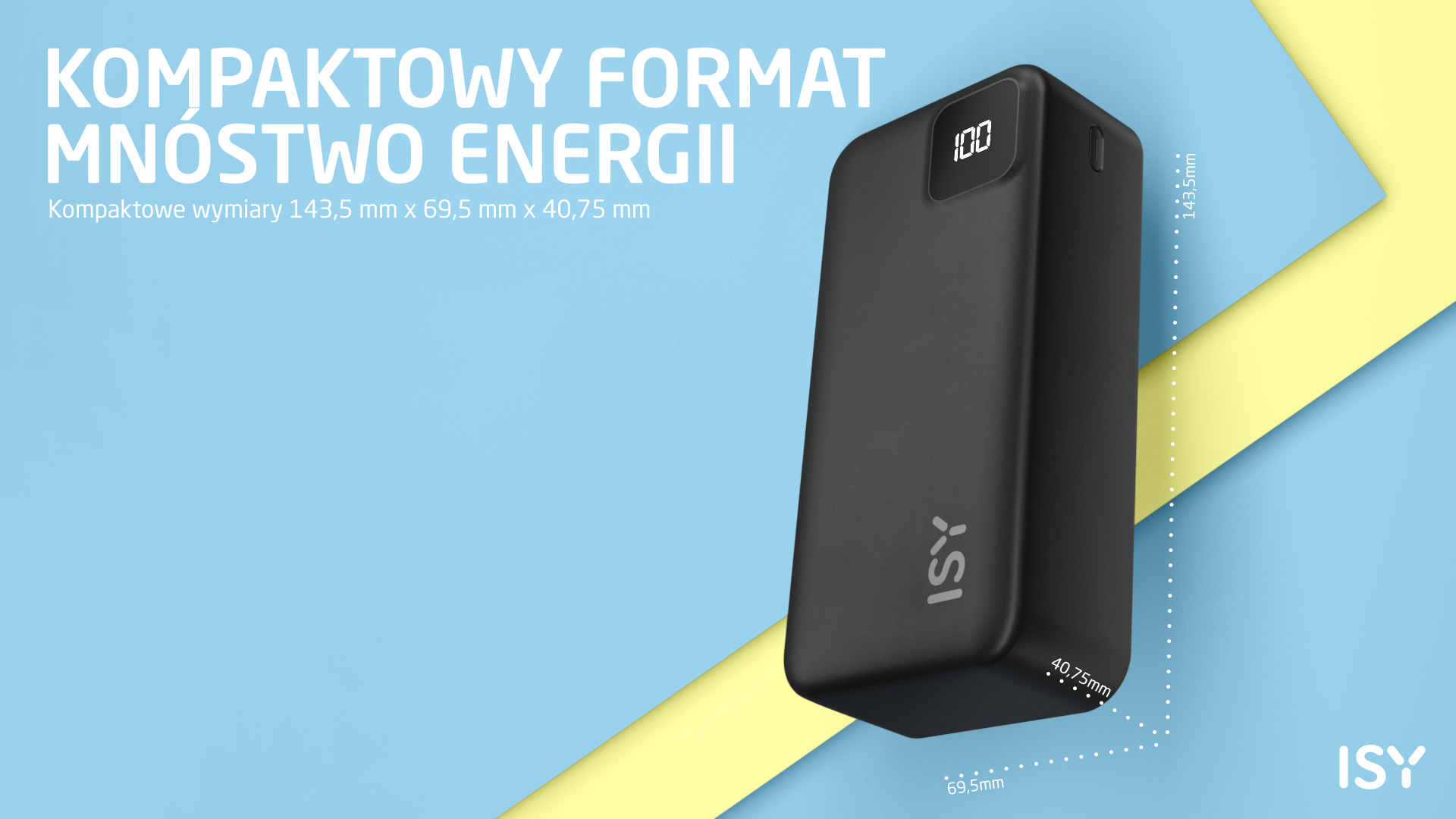 Czarny power bank ISY pokazujący 100% naładowania, wymiary 143,5x69,5x40,75mm.