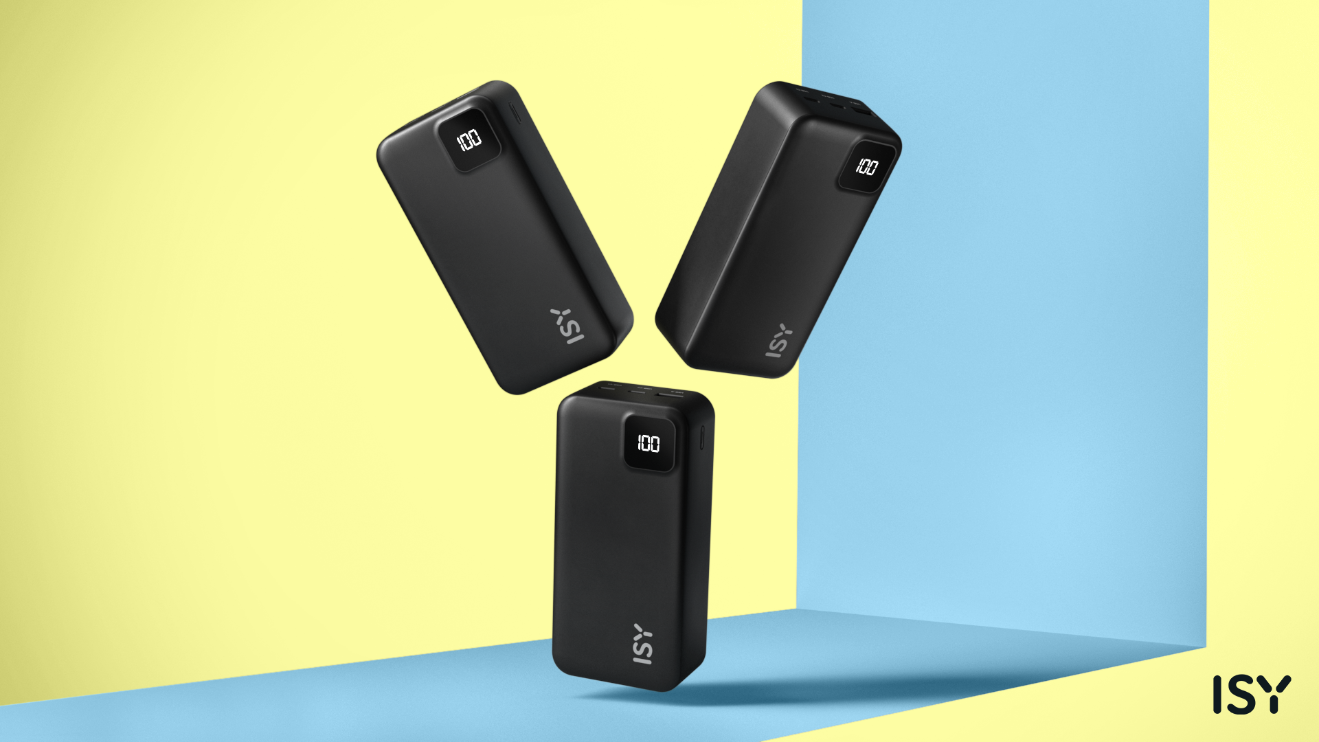 Trzy czarne powerbanki z wyświetlaczem '100' na żółto-niebieskim tle.