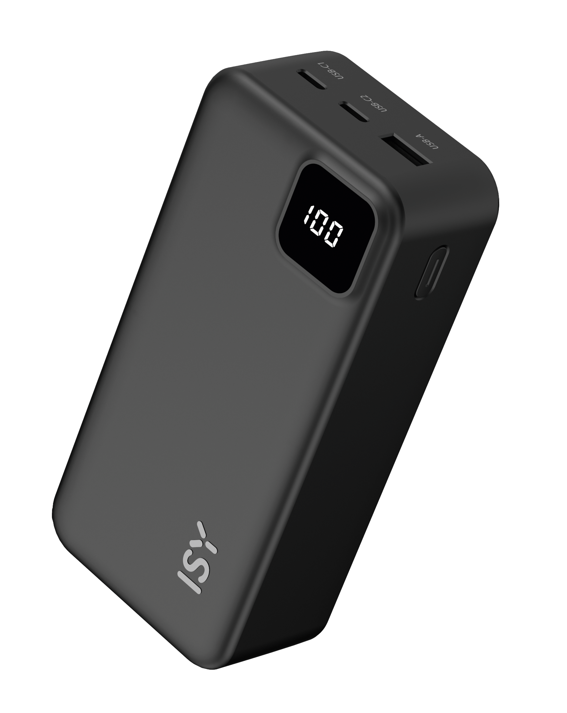 Czarny power bank z cyfrowym wyświetlaczem (100) i portami USB.