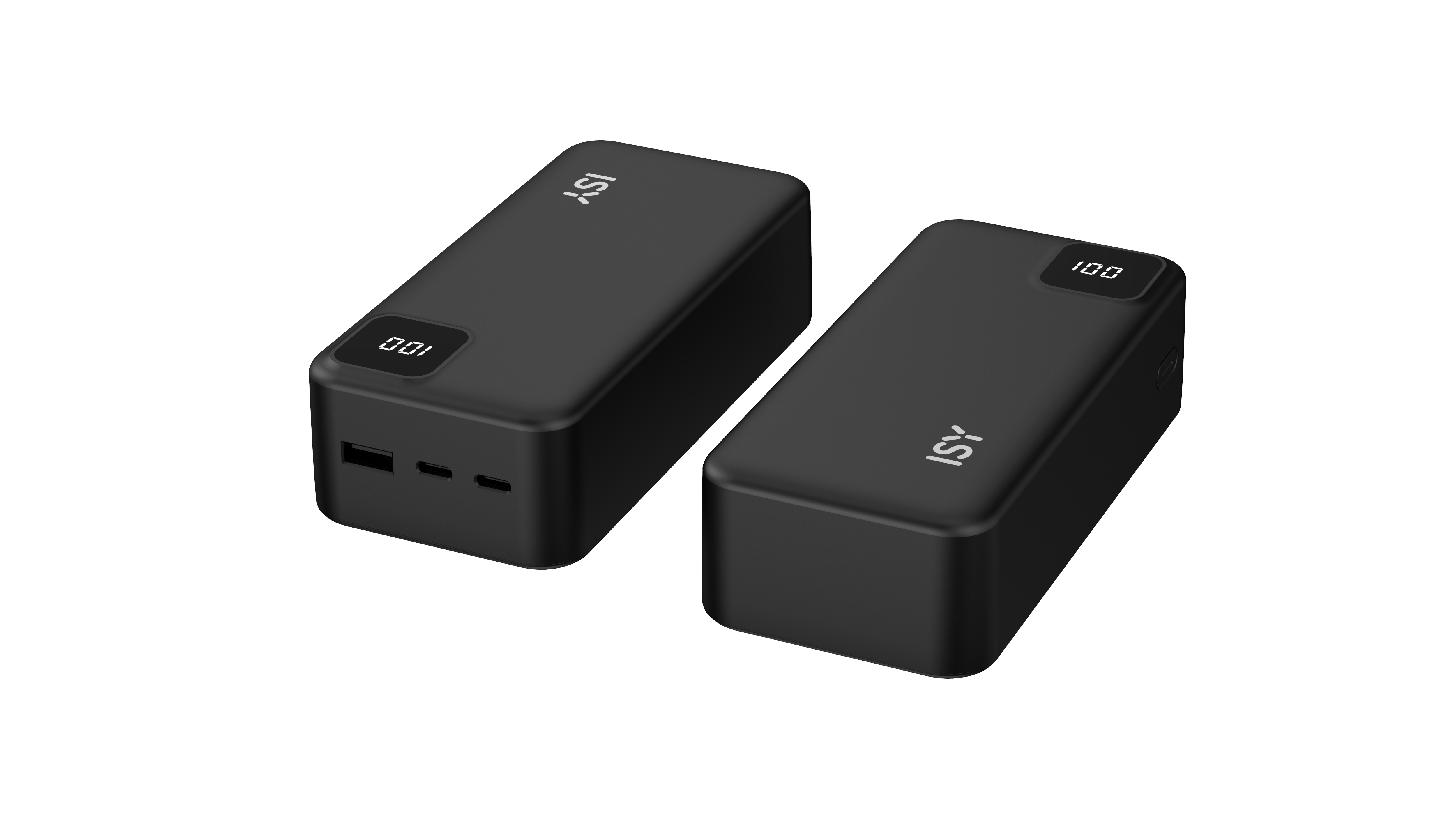 Dwa czarne powerbanki ISY z cyfrowymi wyświetlaczami, jeden pokazuje 001, drugi 100.