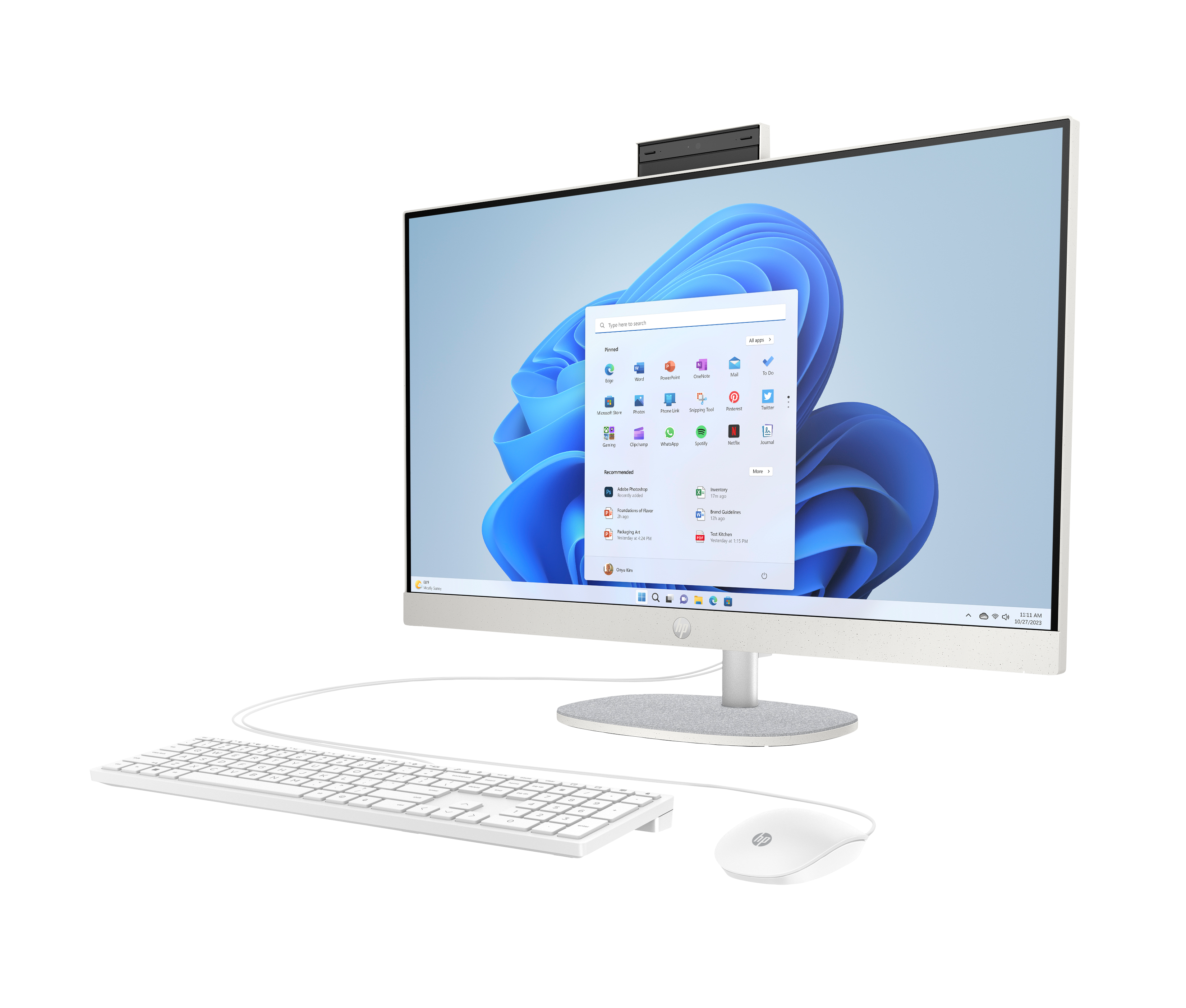 Biały komputer HP typu All-in-One z klawiaturą i myszką na czarnym tle.