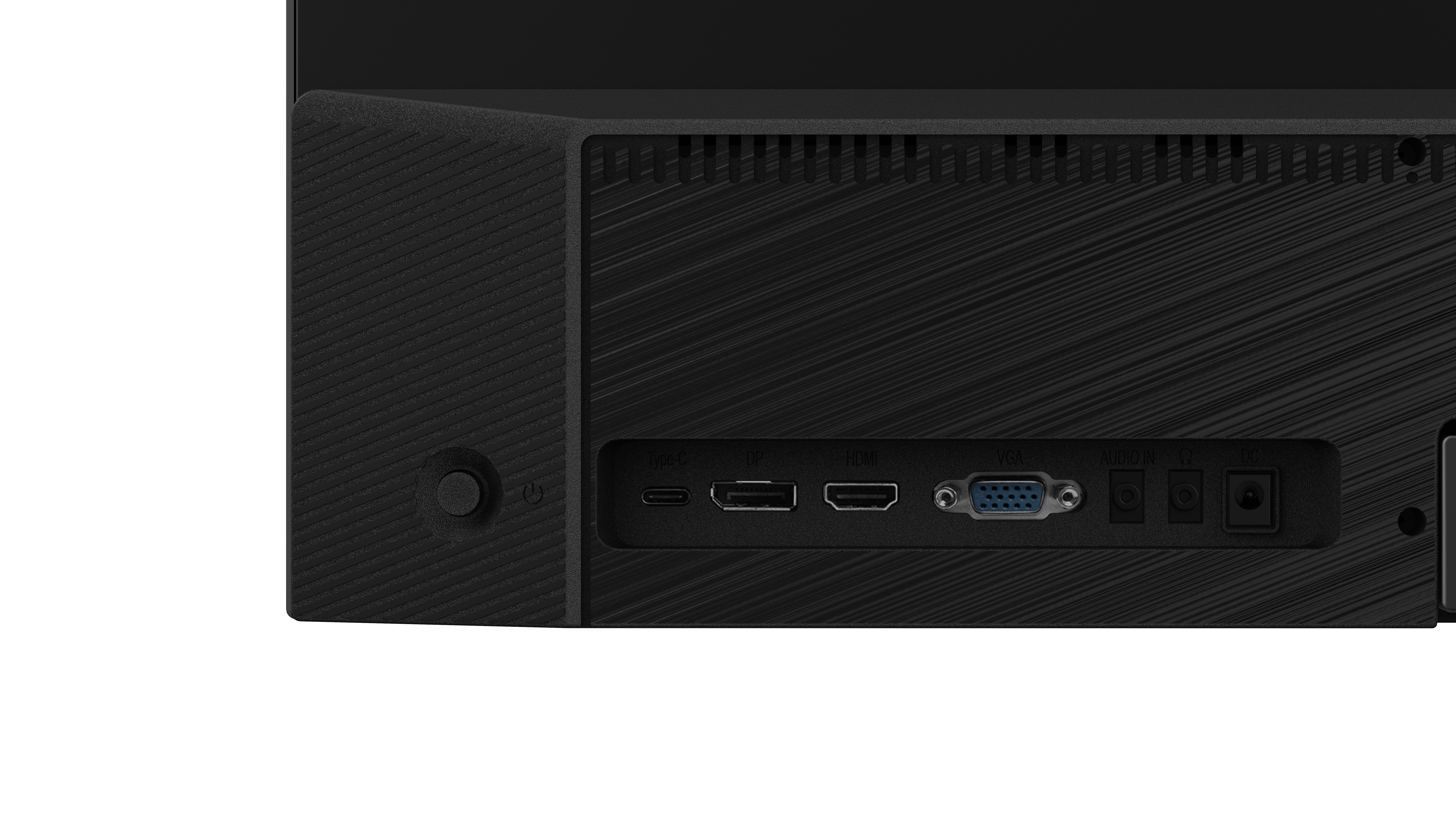 Tył czarnego monitora z portami: USB-C, DP, HDMI, VGA, Audio In, DC.
