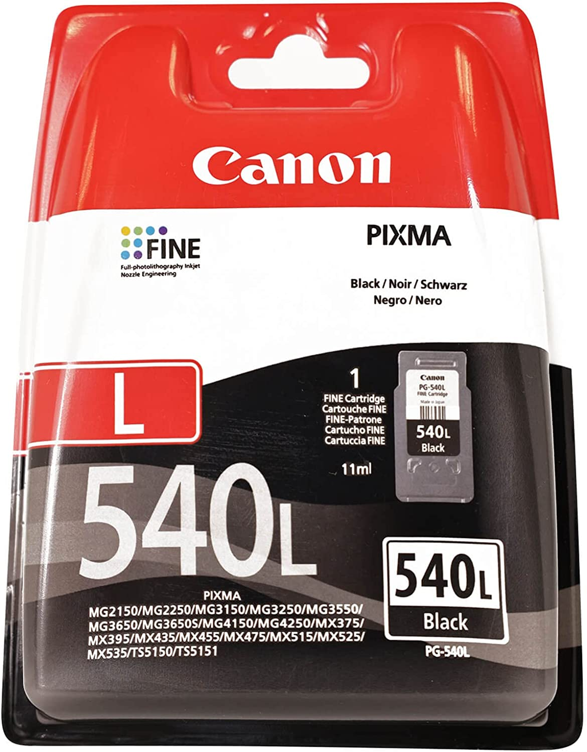 Czarny tusz Canon Pixma PG-540L w czerwonym opakowaniu.