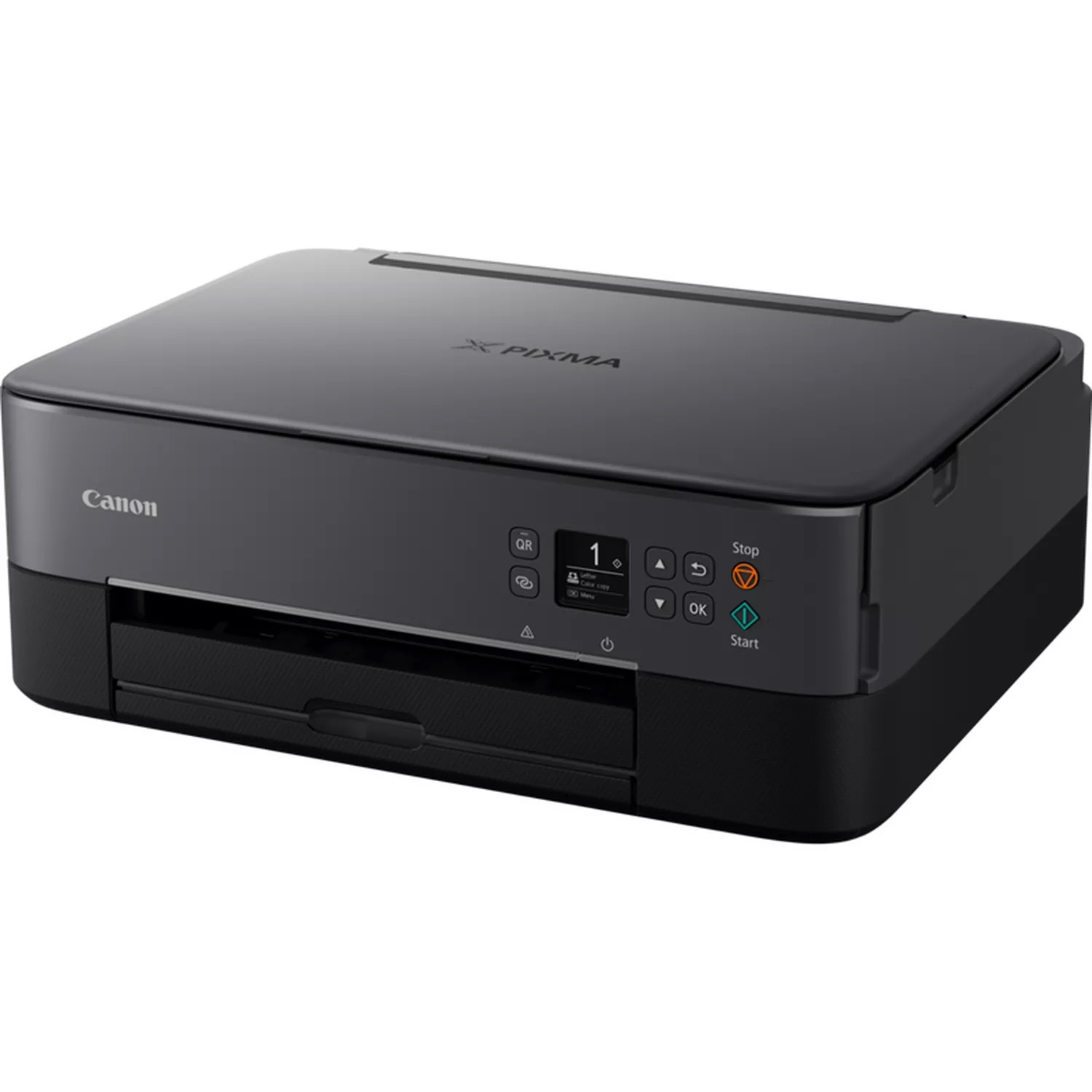 Czarna drukarka Canon Pixma z panelem sterowania i tacą wyjściową.