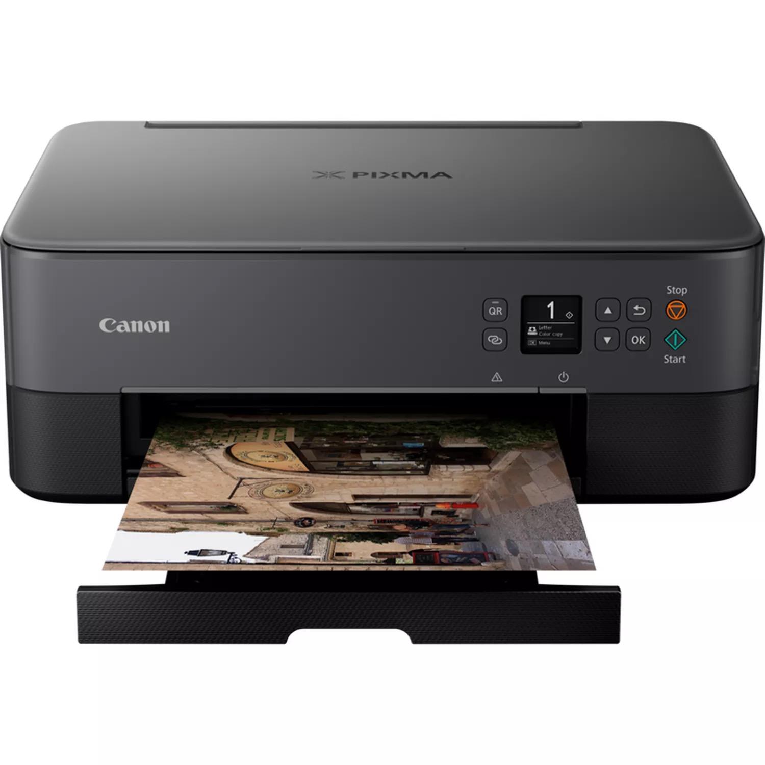 Czarna drukarka Canon Pixma drukuje kolorowe zdjęcie.