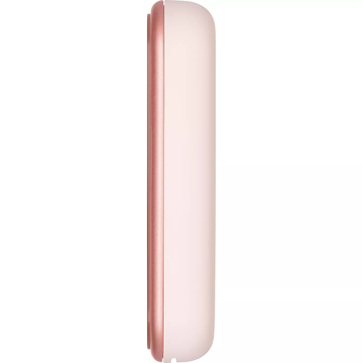 Wąskie, różowo-złote prostokątne urządzenie na białym tle.