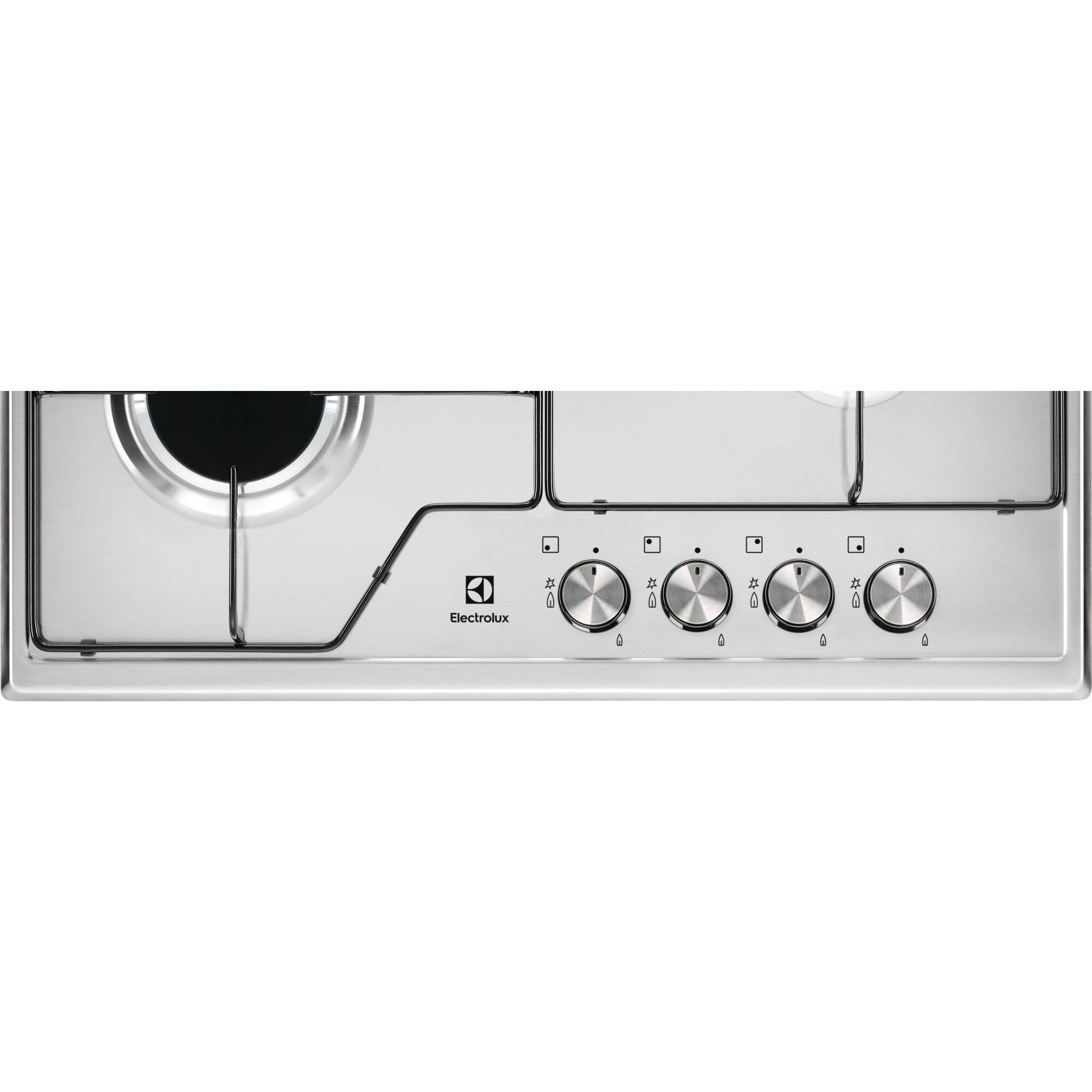 Płyta ze stali nierdzewnej z czterema pokrętłami i logo Electrolux.