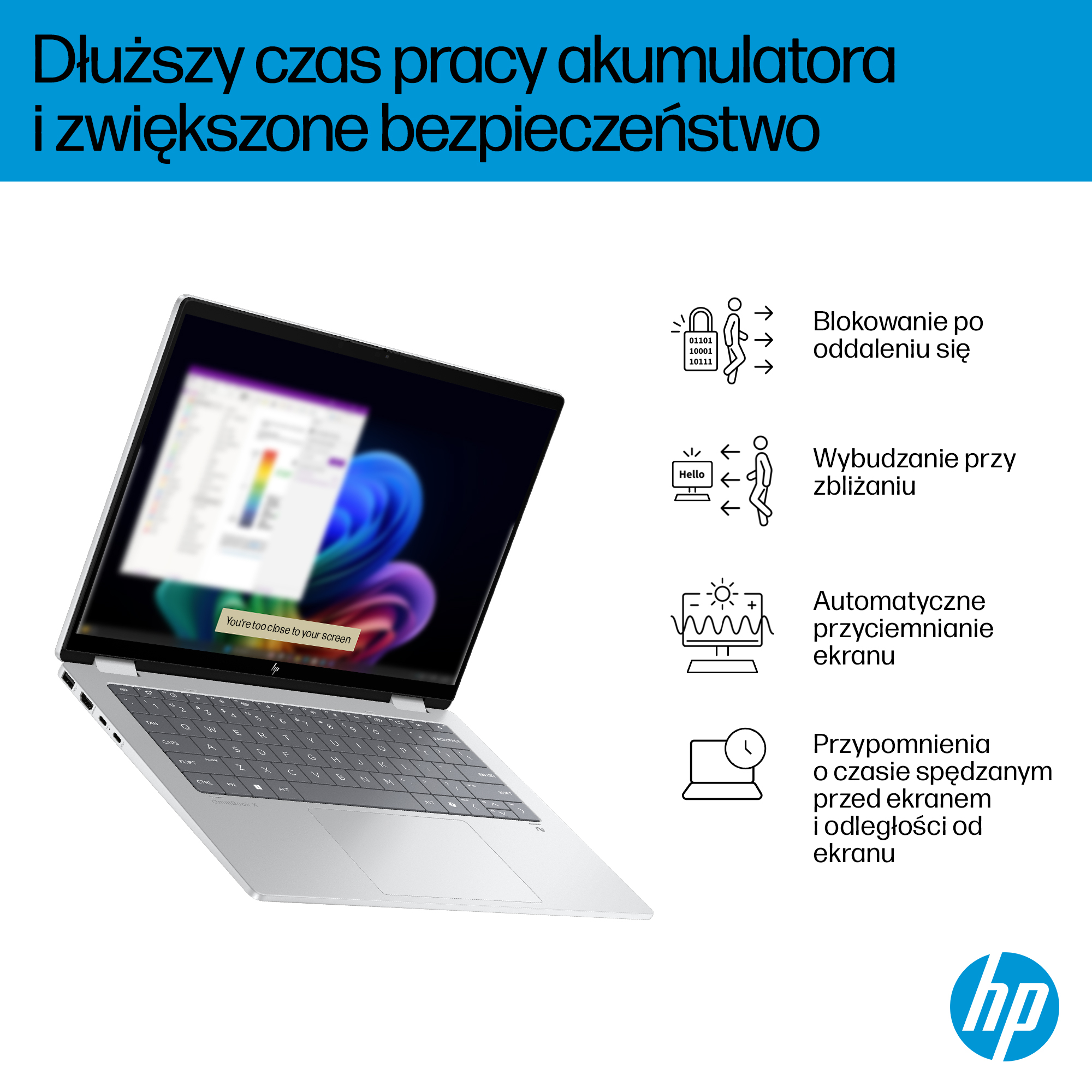 Srebrny laptop pokazuje funkcje: blokada ekranu, wybudzanie, przyciemnianie i przypomnienia.