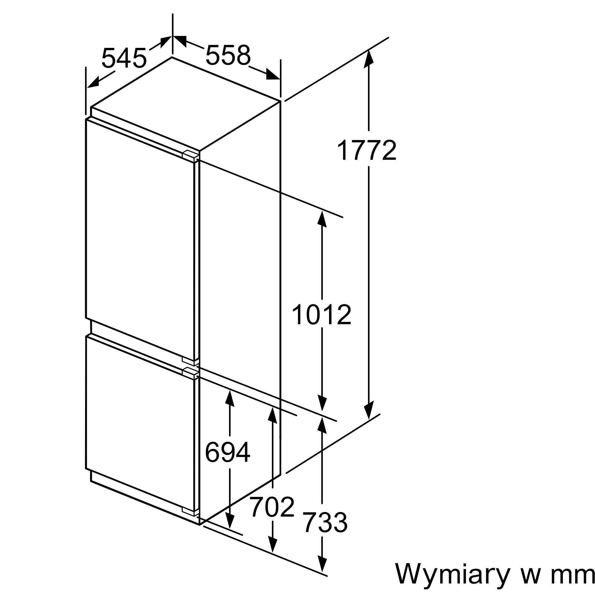Rysunek techniczny lodówki z wymiarami w mm.