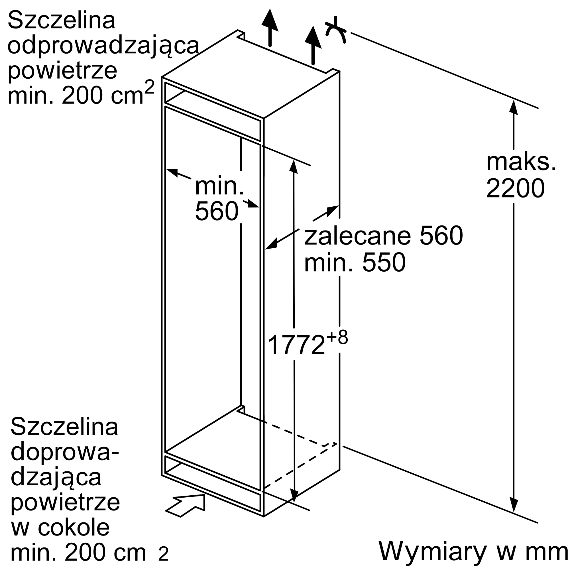 Rysunek techniczny szafki z wymiarami wentylacji i wysokości.