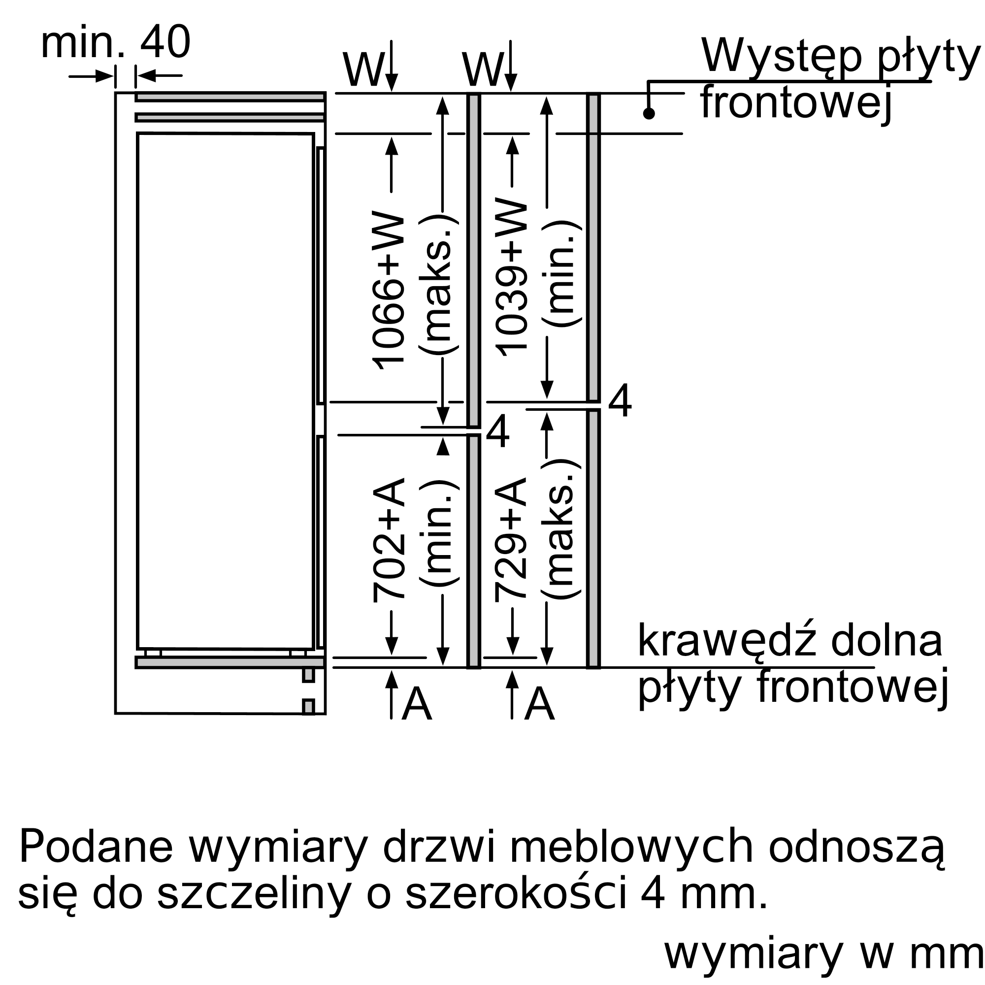 Rysunek techniczny z wymiarami frontów meblowych i szerokości szczelin.