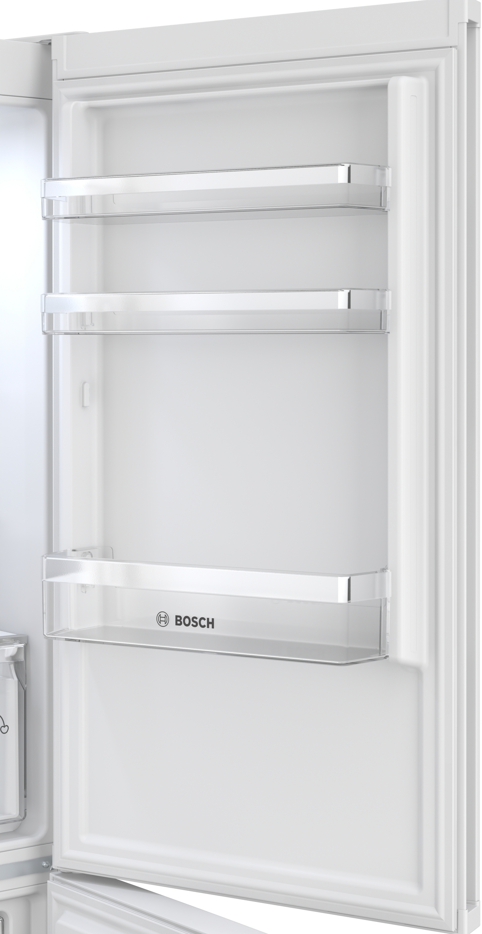 Puste białe wnętrze lodówki z przezroczystymi półkami i logo Bosch.