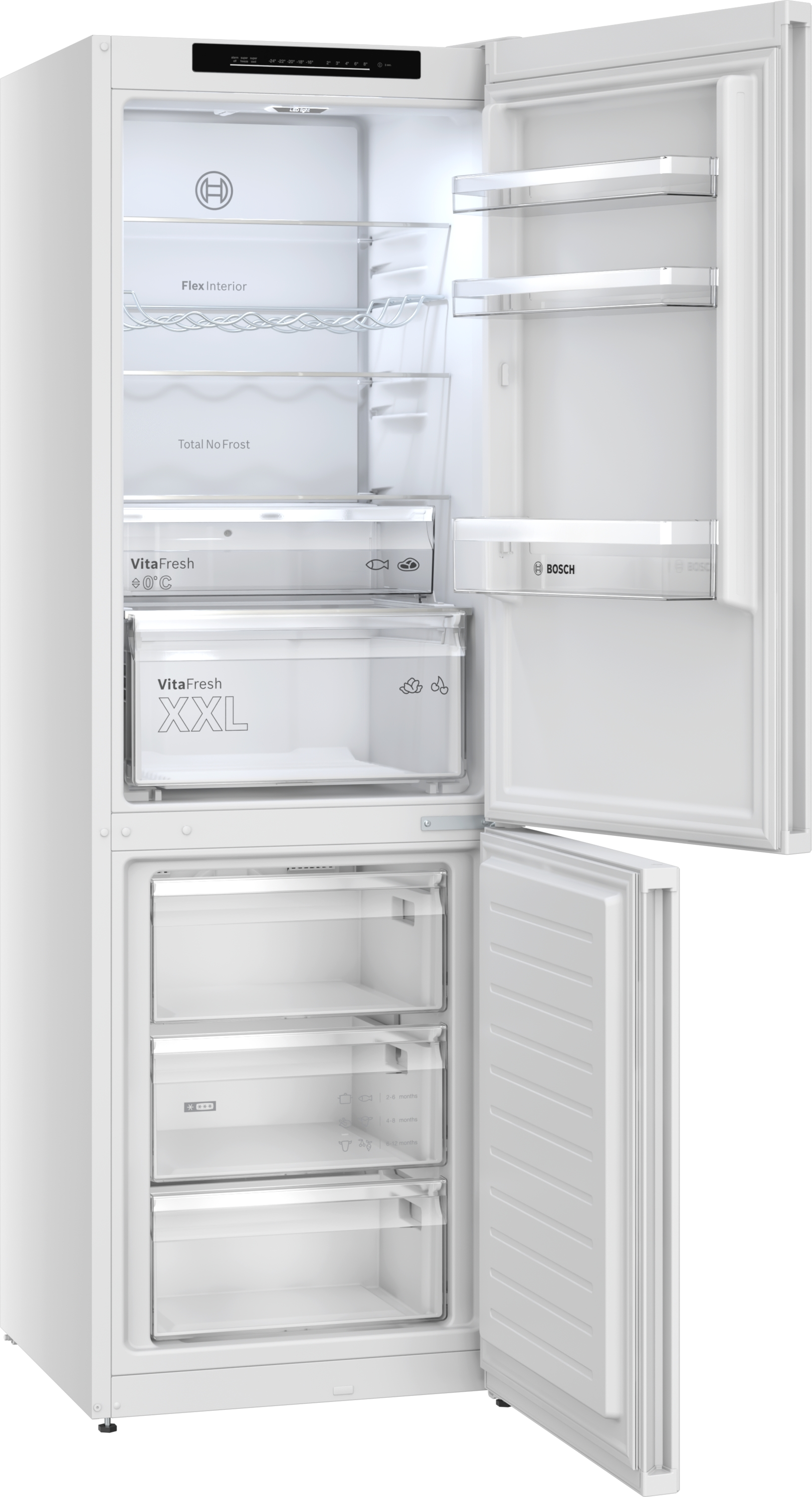 Biała lodówka Bosch z otwartymi półkami i szufladami.