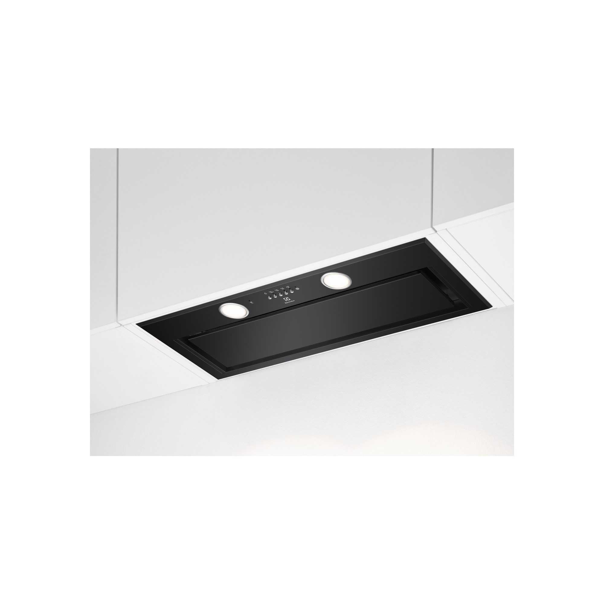 Czarny okap z panelem dotykowym i światłami, zamontowany w białym suficie.