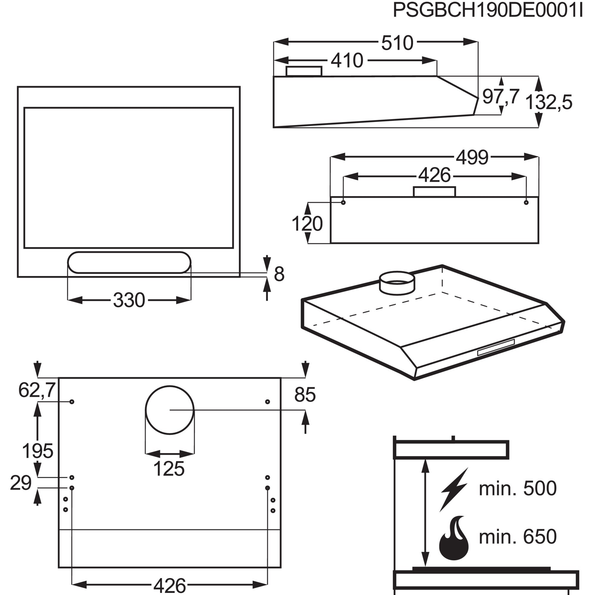 Rysunek techniczny okapu kuchennego z wymiarami i wskazówkami instalacyjnymi.
