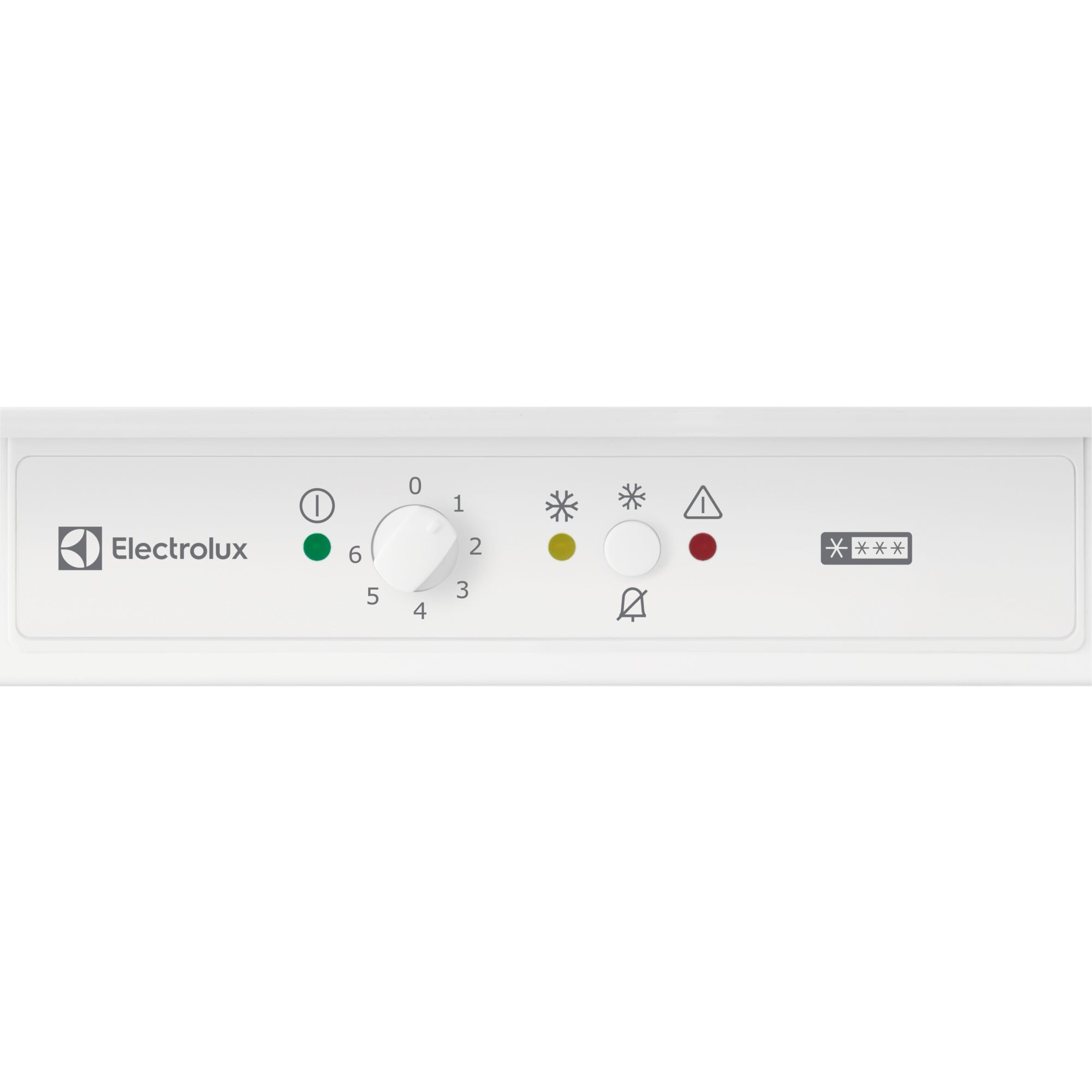 Panel sterowania Electrolux z pokrętłem, zieloną i czerwoną diodą, symbolem ostrzeżenia i gwiazdkami.
