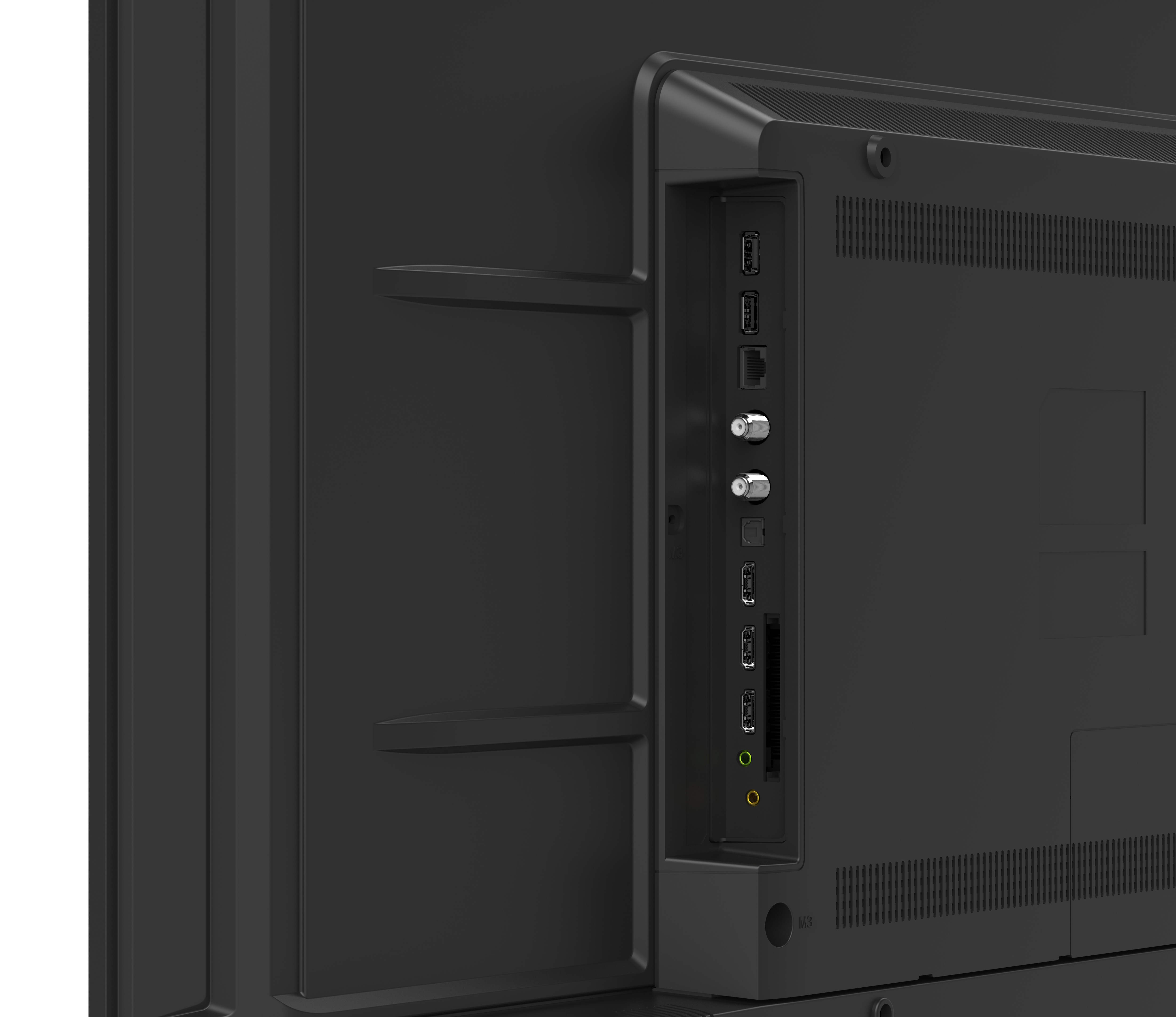 Tył czarnego telewizora z portami: USB, LAN, antena, HDMI.