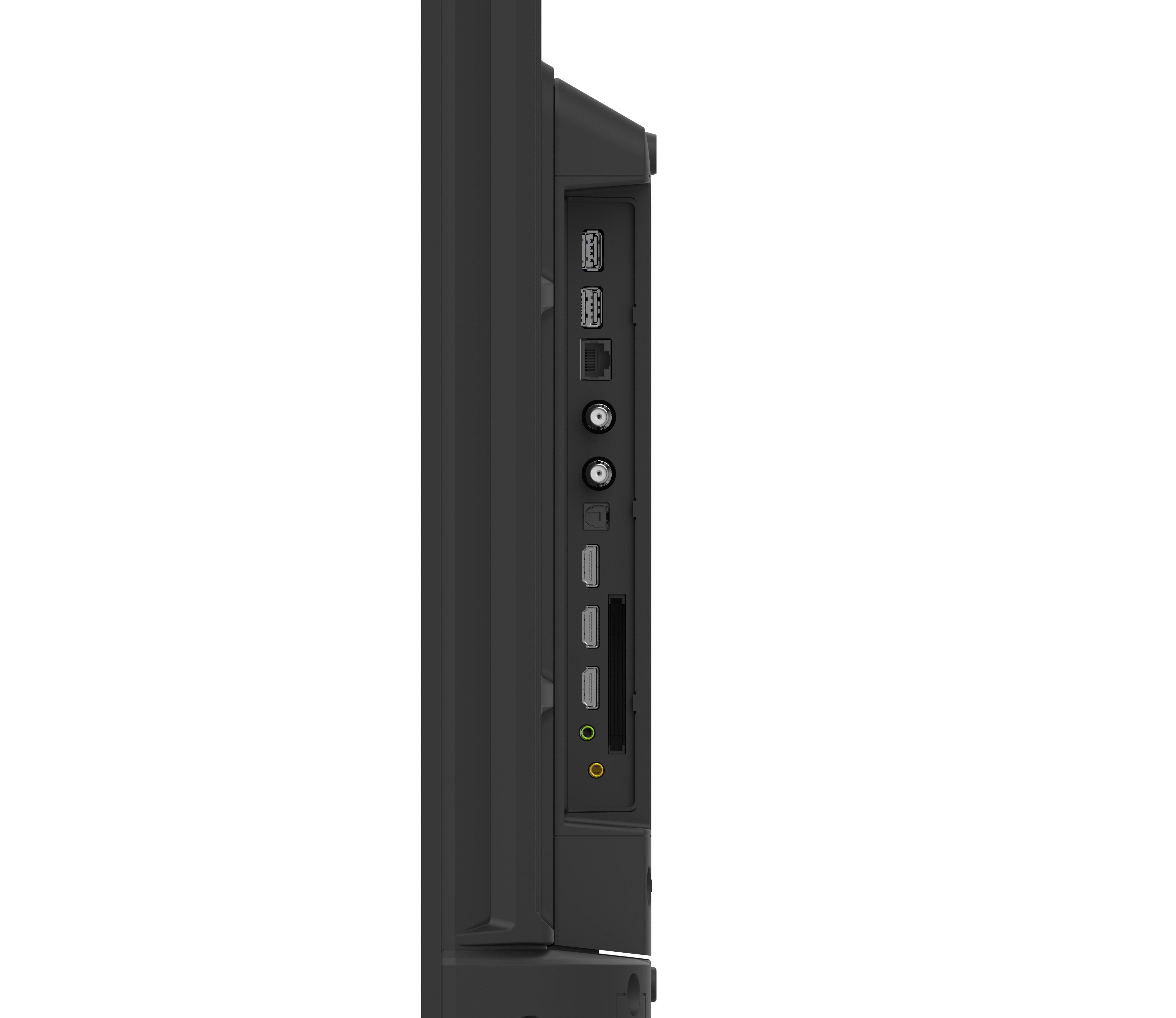 Widok z boku czarnego urządzenia pokazujący porty takie jak USB i HDMI.