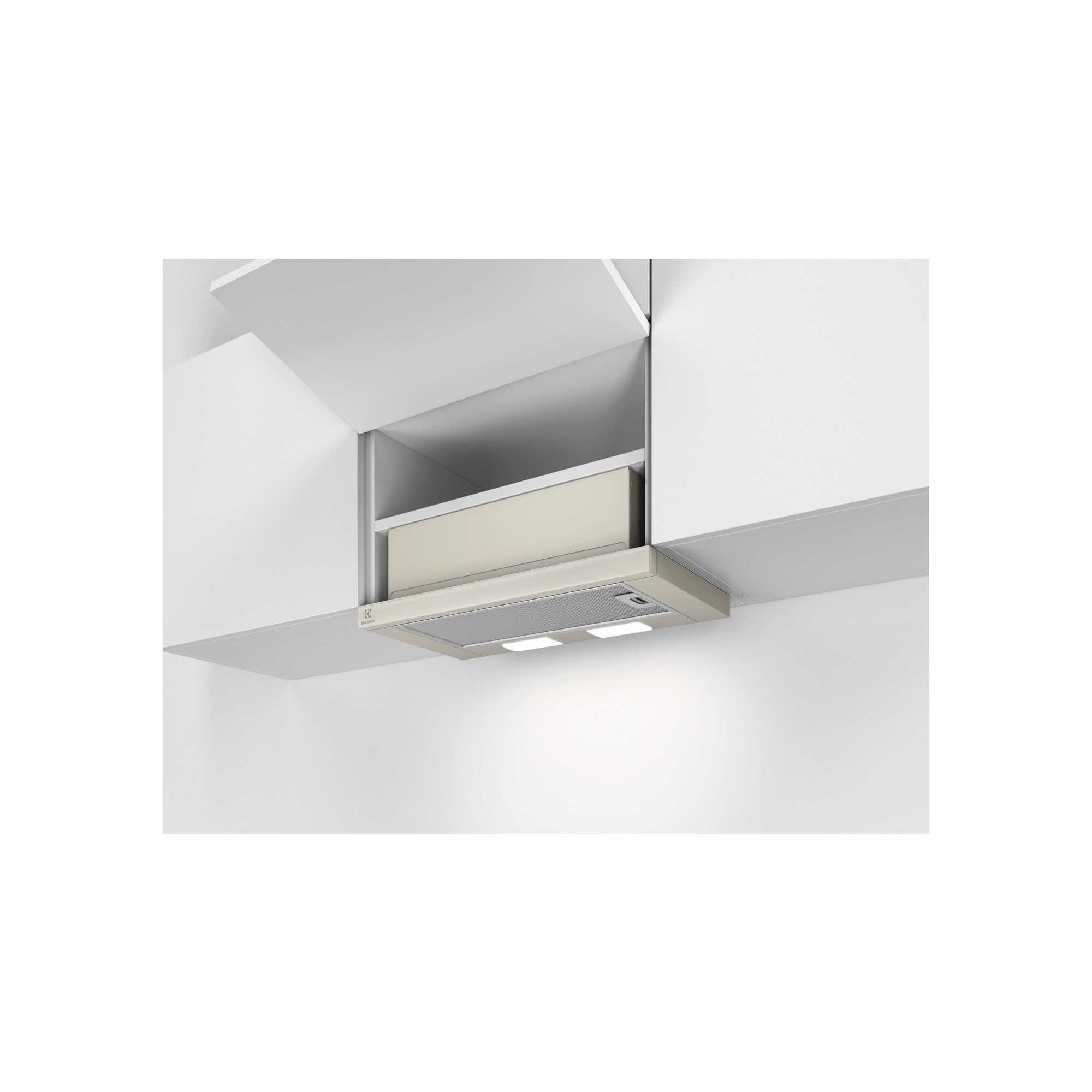 Biały okap kuchenny z metalowym filtrem i światłami.