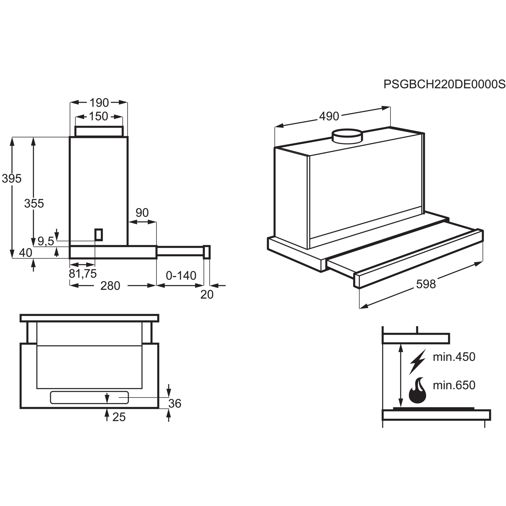 Rysunek techniczny okapu kuchennego z wymiarami i kodem produktu PSGBCH220DE0000S.