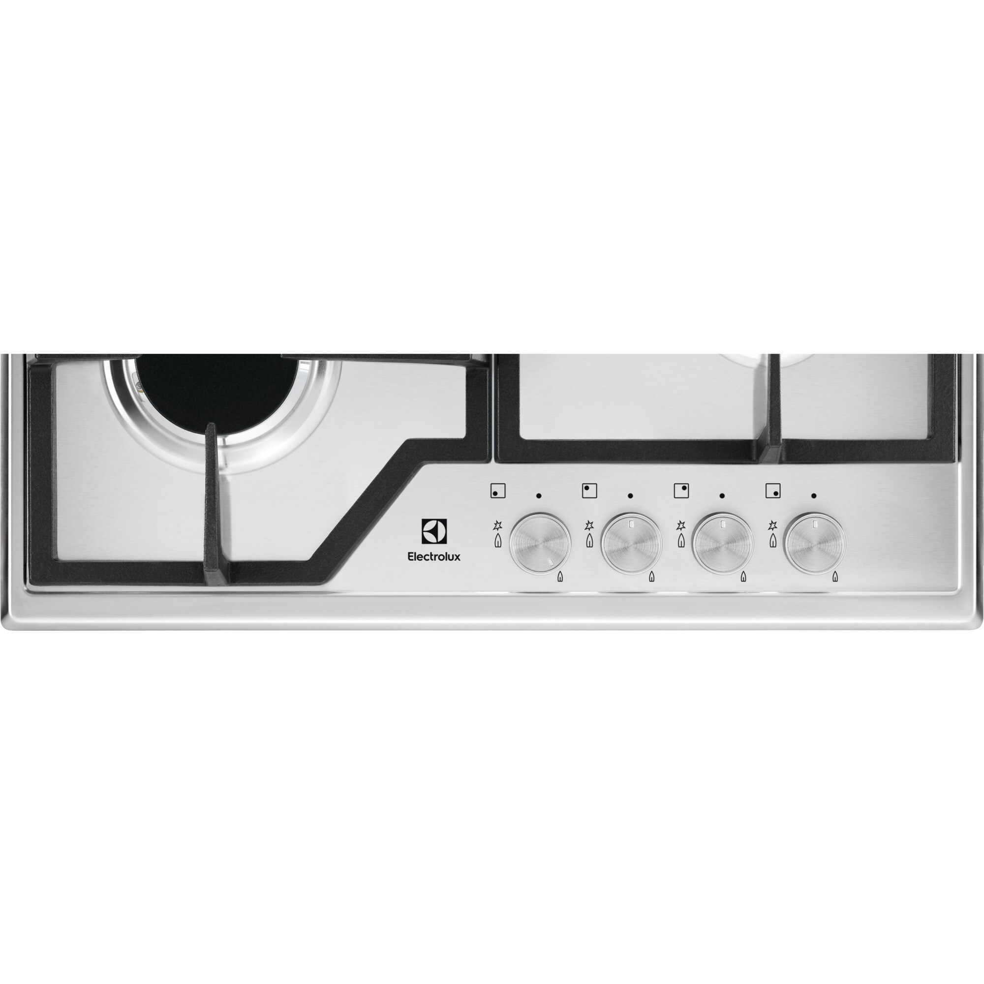 Stal nierdzewna płyta gazowa z czterema palnikami i pokrętłami. Logo Electrolux.
