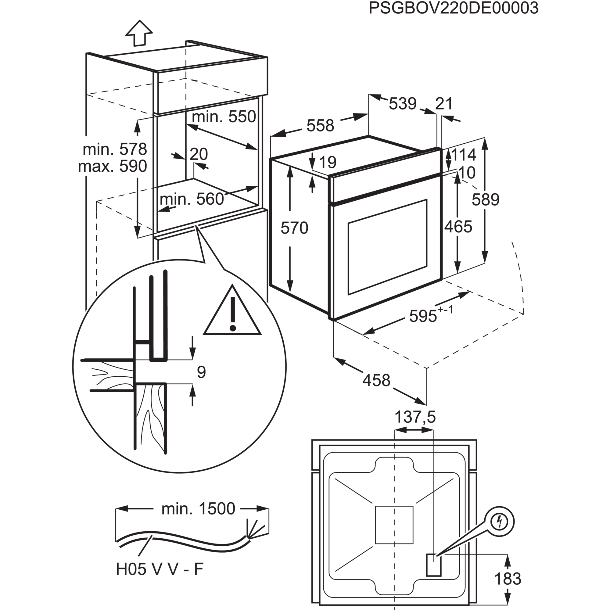 Rysunek techniczny piekarnika do zabudowy z wymiarami i symbolem ostrzegawczym.