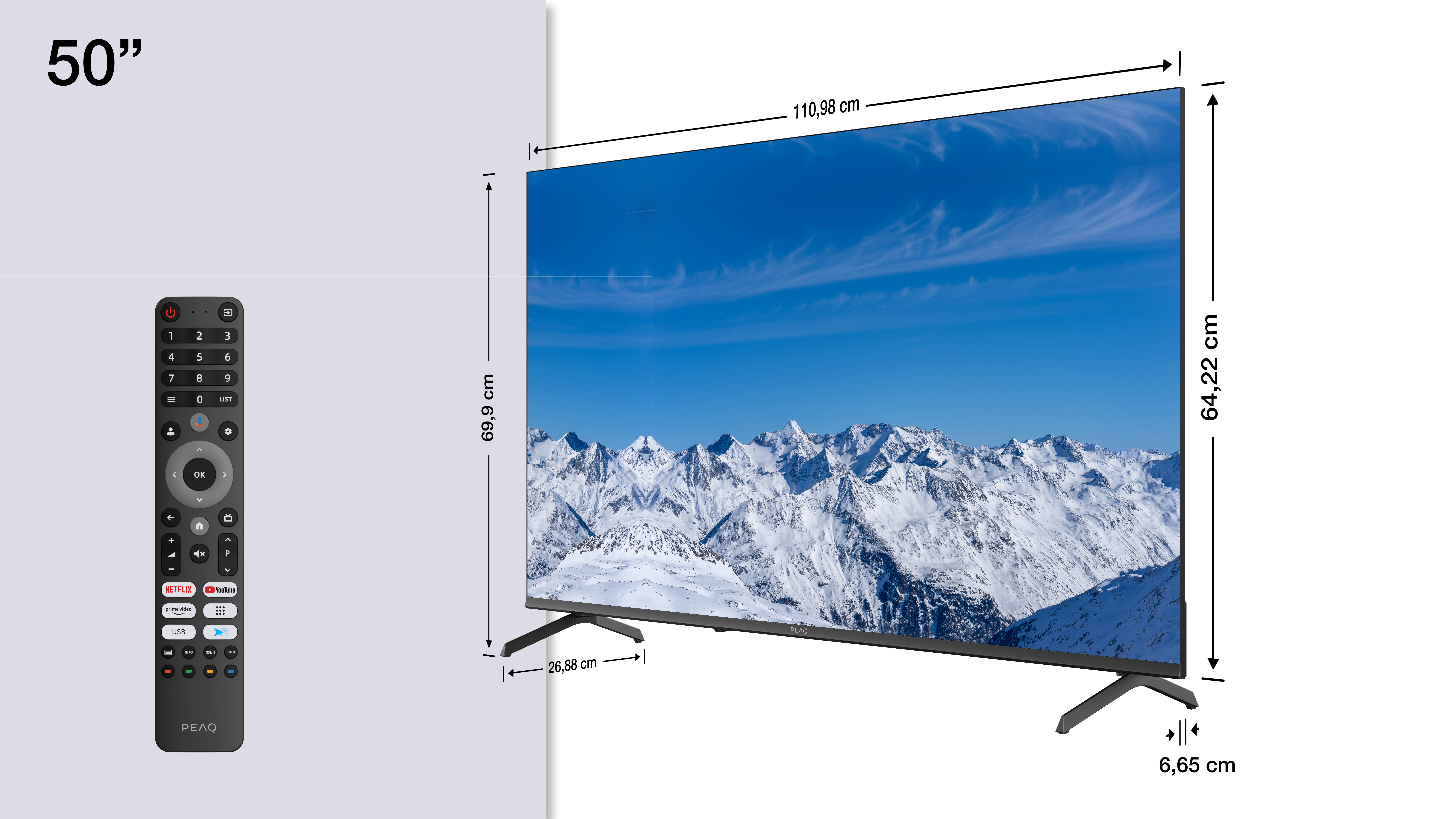 Telewizor 50-calowy z krajobrazem górskim, pilotem i wymiarami.